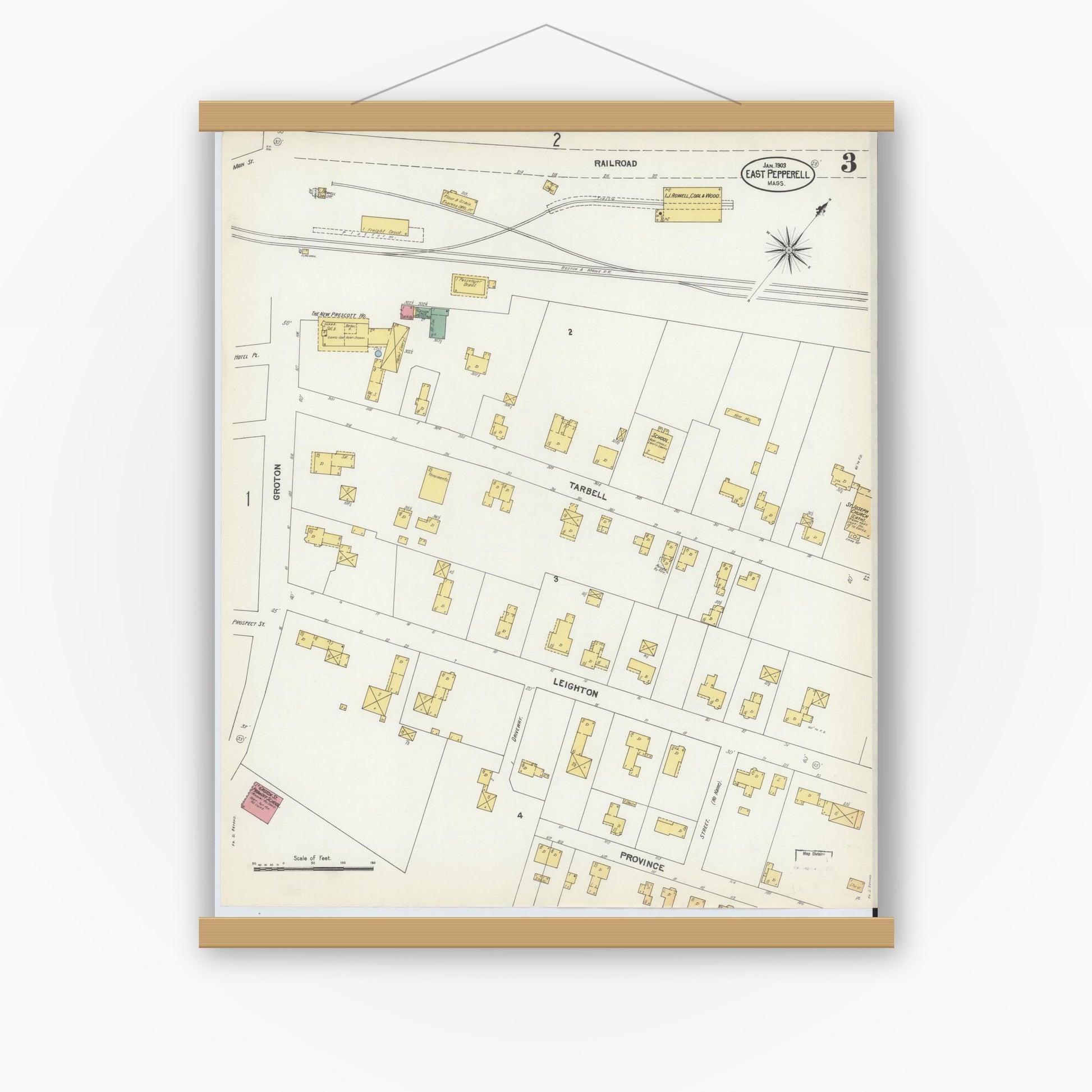 Old map wall art mockup — magnetic wood frame on white wall — Sanborn Fire Insurance Map from East Pepperell, Middlesex County, Massachusetts (1903), Sheet #0003