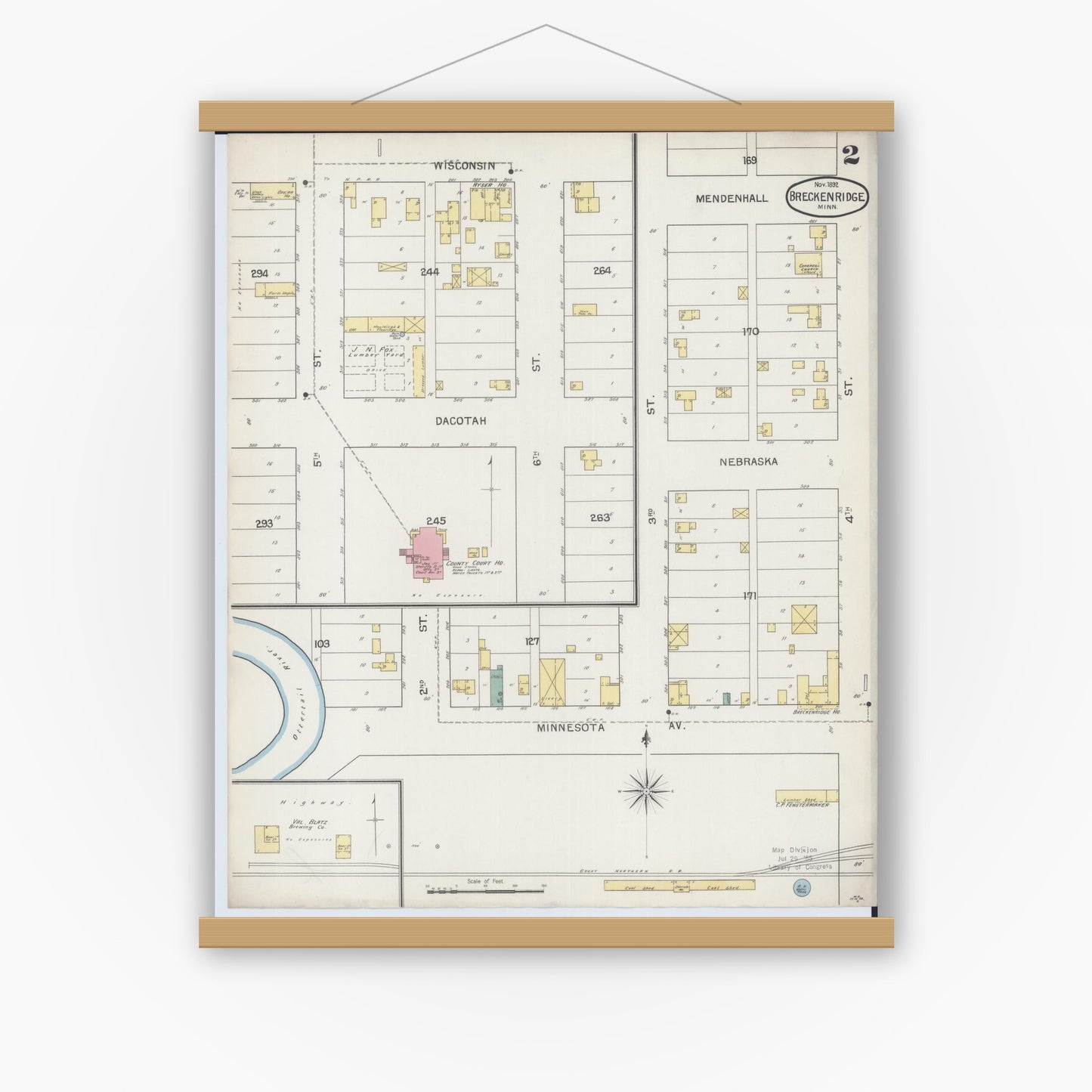 Old map wall art mockup — magnetic wood frame on white wall — Sanborn Fire Insurance Map from Breckenridge, Wilkin County, Minnesota (1892), Sheet #0002