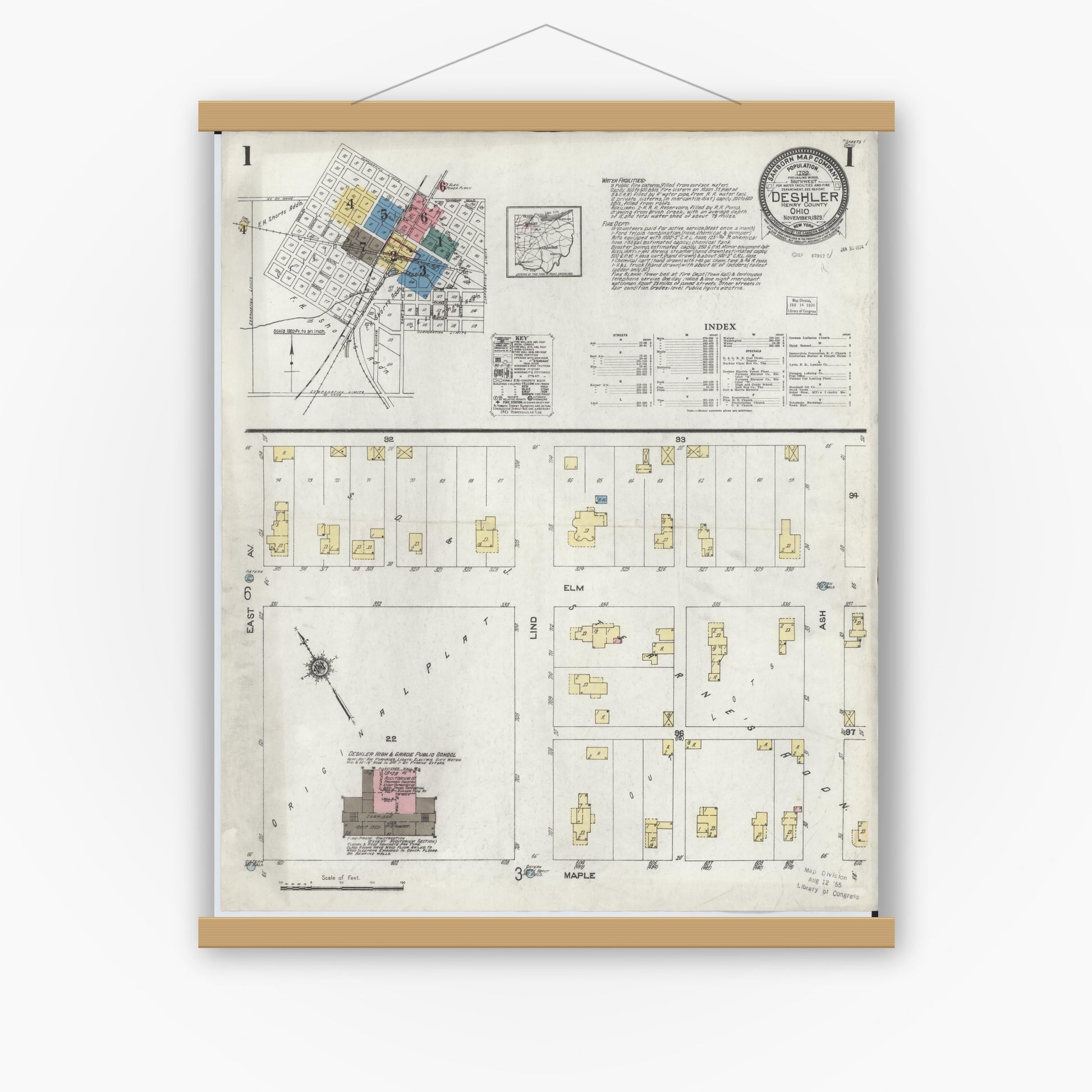 Old map wall art mockup — magnetic wood frame on white wall — Sanborn Fire Insurance Map from Deshler, Henry County, Ohio (1923) - Complete Map Set