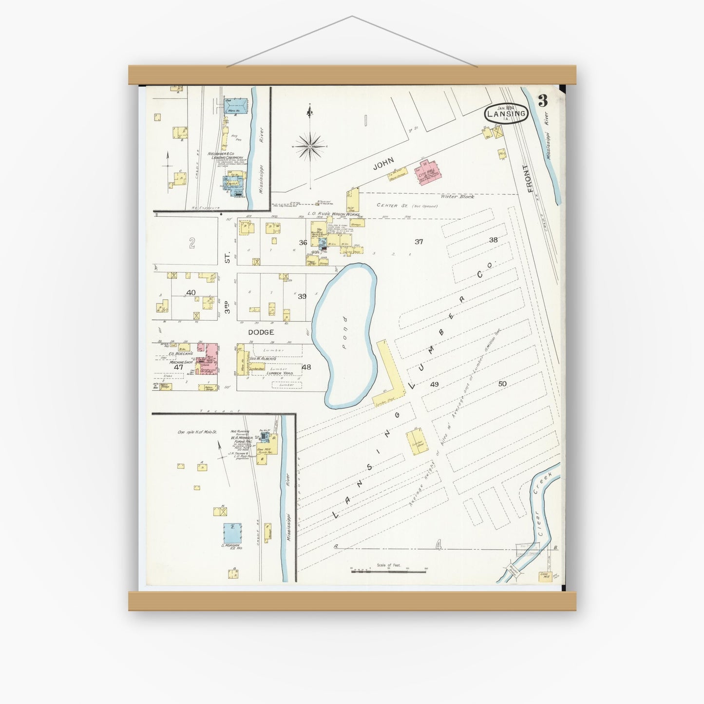 Old map wall art mockup — magnetic wood frame on white wall — Sanborn Fire Insurance Map from Lansing, Allamakee County, Iowa (1894), Sheet #0003