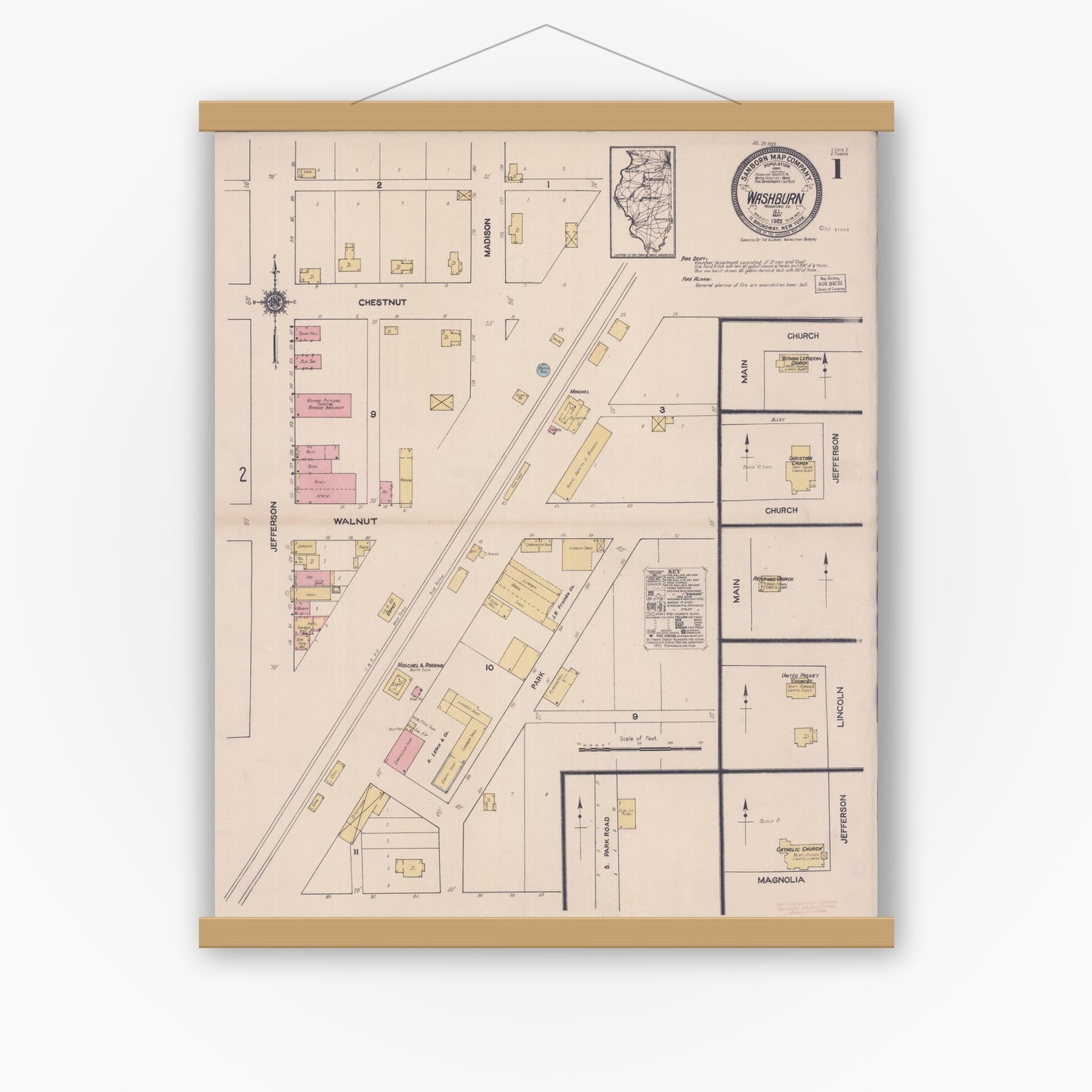 Old map wall art mockup — magnetic wood frame on white wall — Sanborn Fire Insurance Map from Washburn, Woodford County, Illinois (1922), Sheet #0001