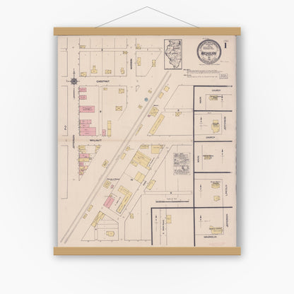 Old map wall art mockup — magnetic wood frame on white wall — Sanborn Fire Insurance Map from Washburn, Woodford County, Illinois (1922), Sheet #0001