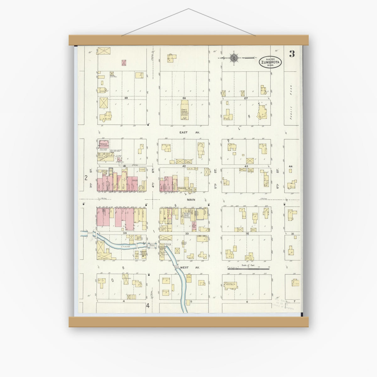 Old map wall art mockup — magnetic wood frame on white wall — Sanborn Fire Insurance Map from Zumbrota, Goodhue County, Minnesota (1910), Sheet #0003