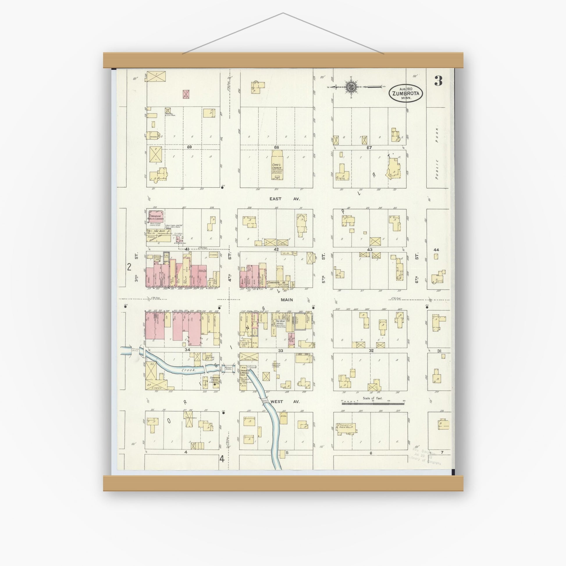 Old map wall art mockup — magnetic wood frame on white wall — Sanborn Fire Insurance Map from Zumbrota, Goodhue County, Minnesota (1910), Sheet #0003