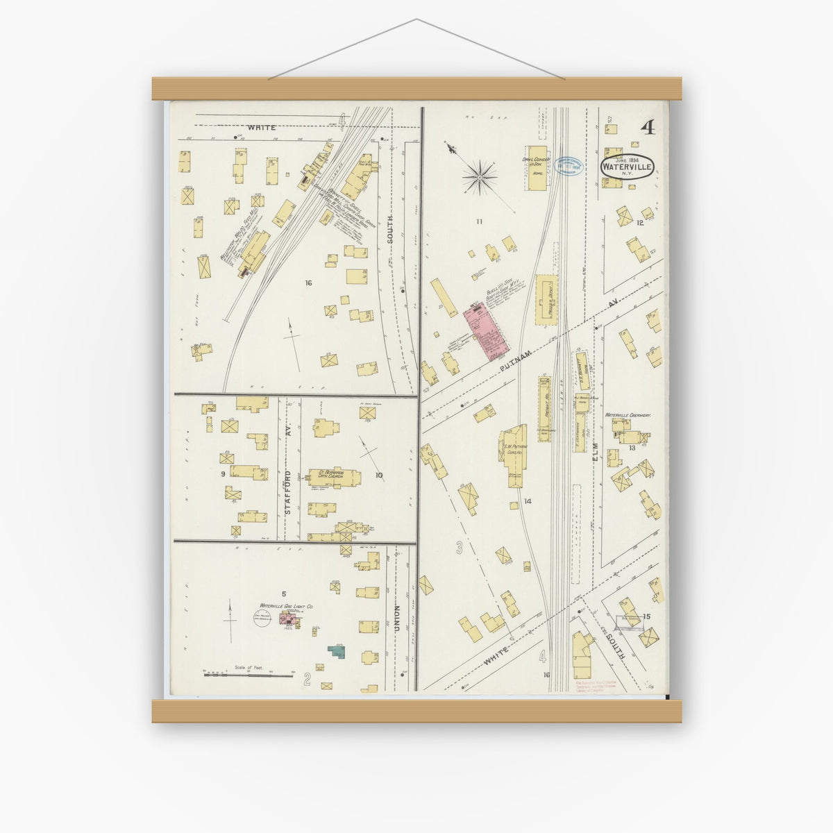 Old map wall art mockup — magnetic wood frame on white wall — Sanborn Fire Insurance Map from Waterville, Oneida County, New York (1894), Sheet #0004