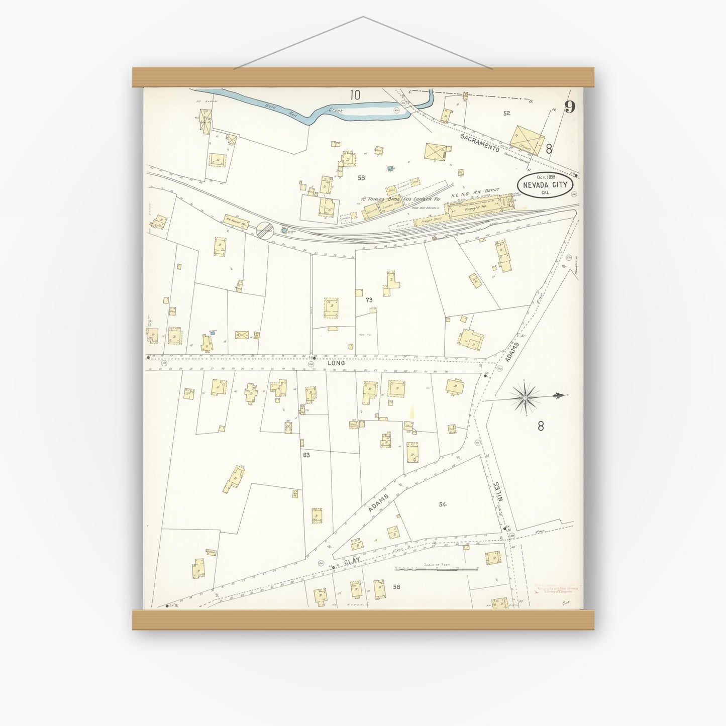 Old map wall art mockup — magnetic wood frame on white wall — Sanborn Fire Insurance Map from Nevada City, Nevada County, California (1898), Sheet #0009