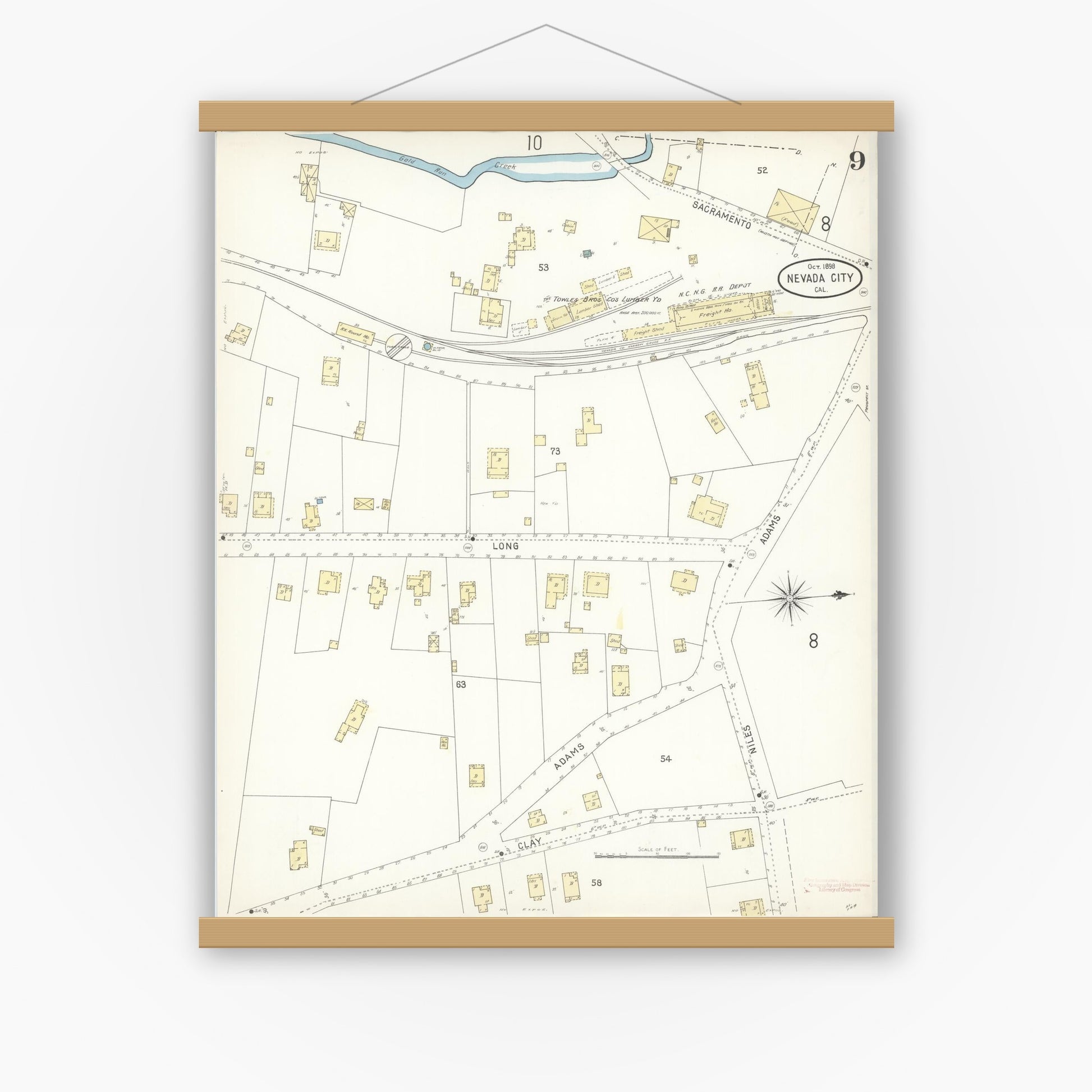 Old map wall art mockup — magnetic wood frame on white wall — Sanborn Fire Insurance Map from Nevada City, Nevada County, California (1898), Sheet #0009