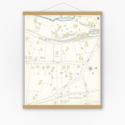 Old map wall art mockup — magnetic wood frame on white wall — Sanborn Fire Insurance Map from Nevada City, Nevada County, California (1898), Sheet #0009