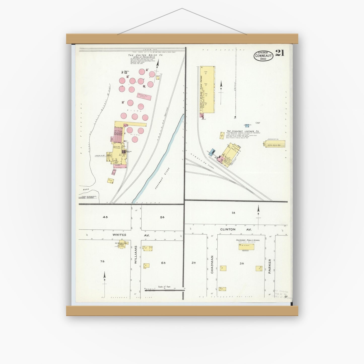 Old map wall art mockup — magnetic wood frame on white wall — Sanborn Fire Insurance Map from Conneaut, Ashtabula County, Ohio (1909), Sheet #0021