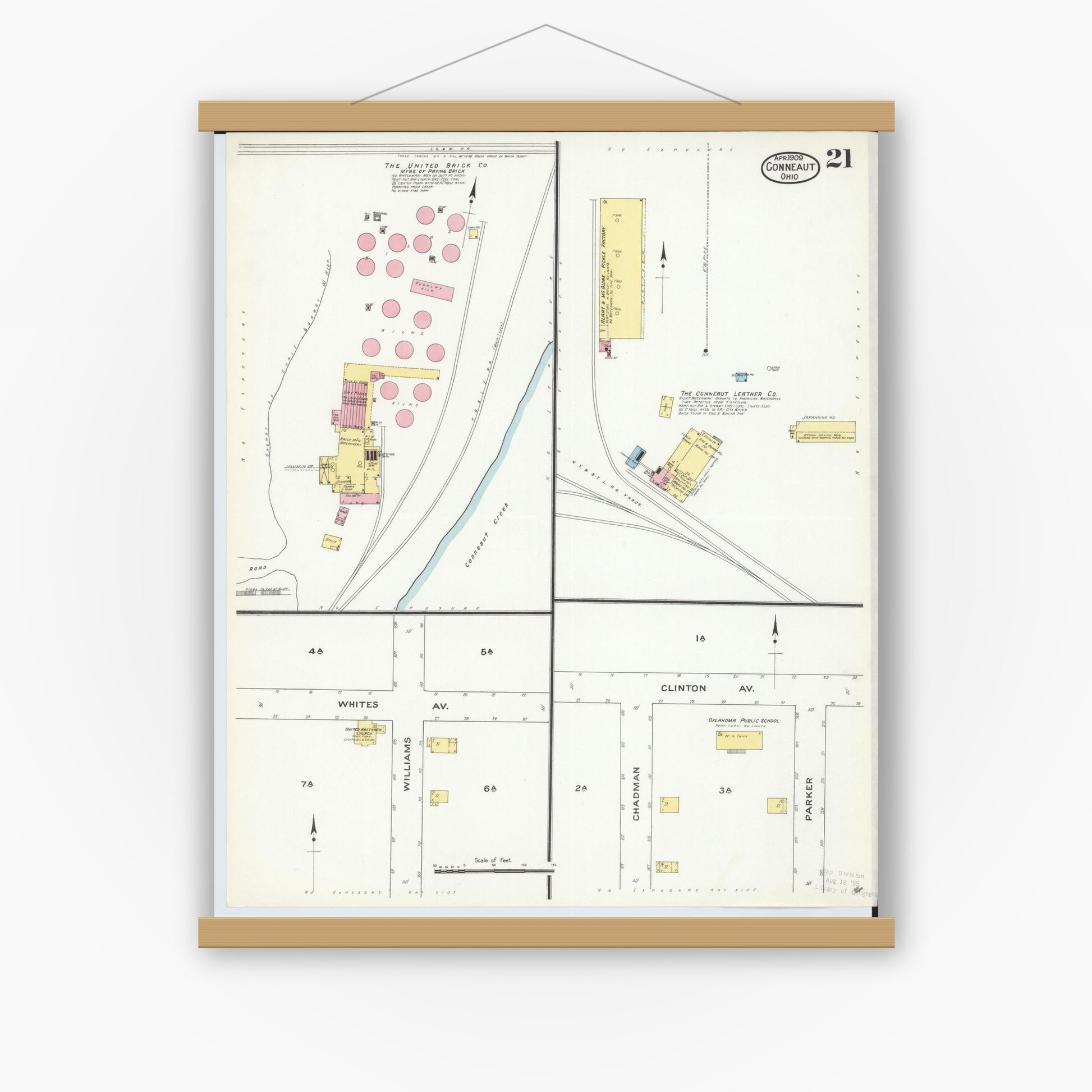 Old map wall art mockup — magnetic wood frame on white wall — Sanborn Fire Insurance Map from Conneaut, Ashtabula County, Ohio (1909), Sheet #0021