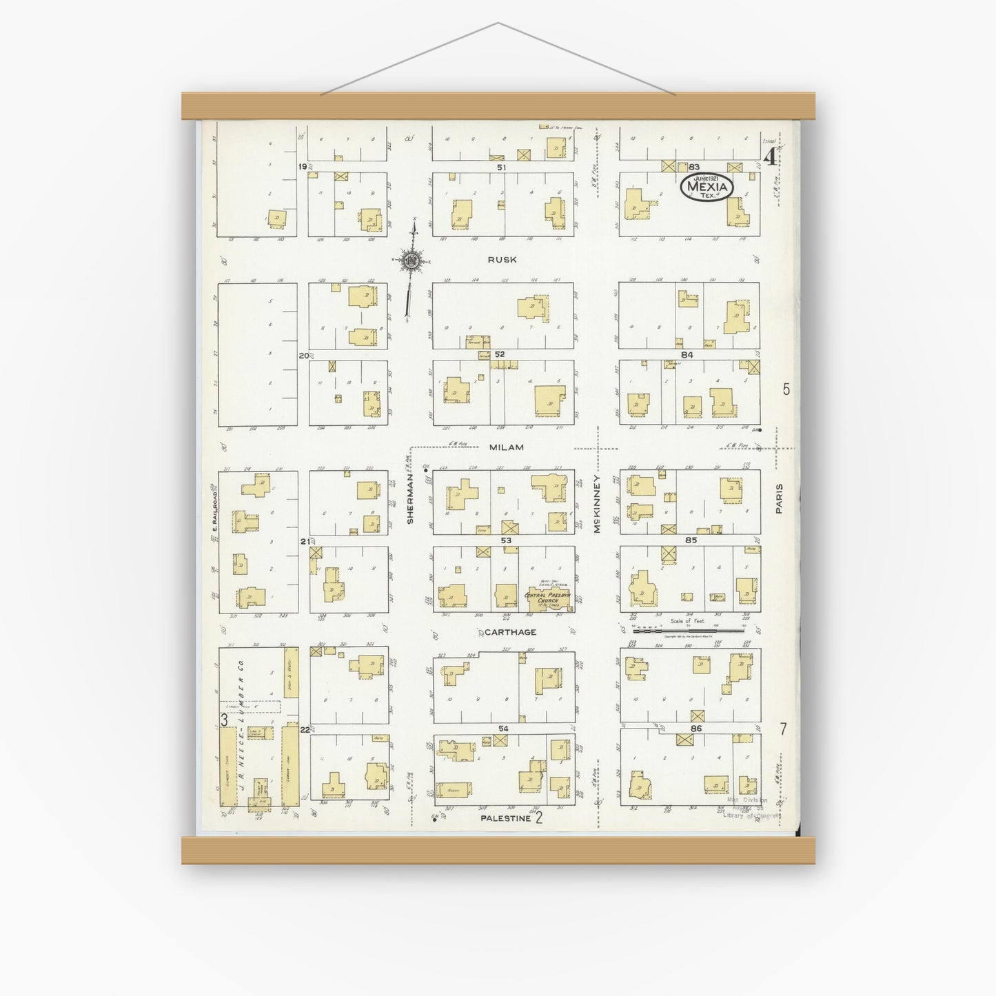 Old map wall art mockup — magnetic wood frame on white wall — Sanborn Fire Insurance Map from Mexia, Limestone County, Texas (1921), Sheet #0004