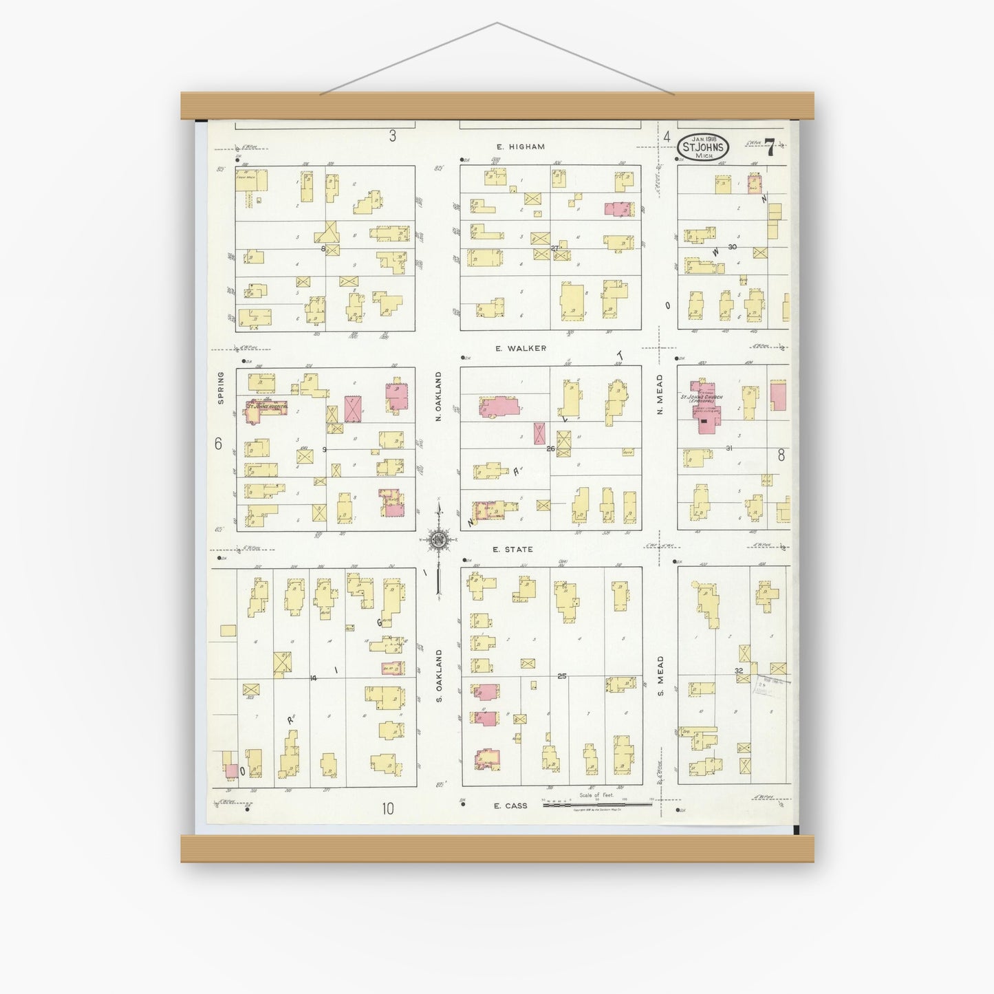 Old map wall art mockup — magnetic wood frame on white wall — Sanborn Fire Insurance Map from Saint Johns, Clinton County, Michigan (1918), Sheet #0007