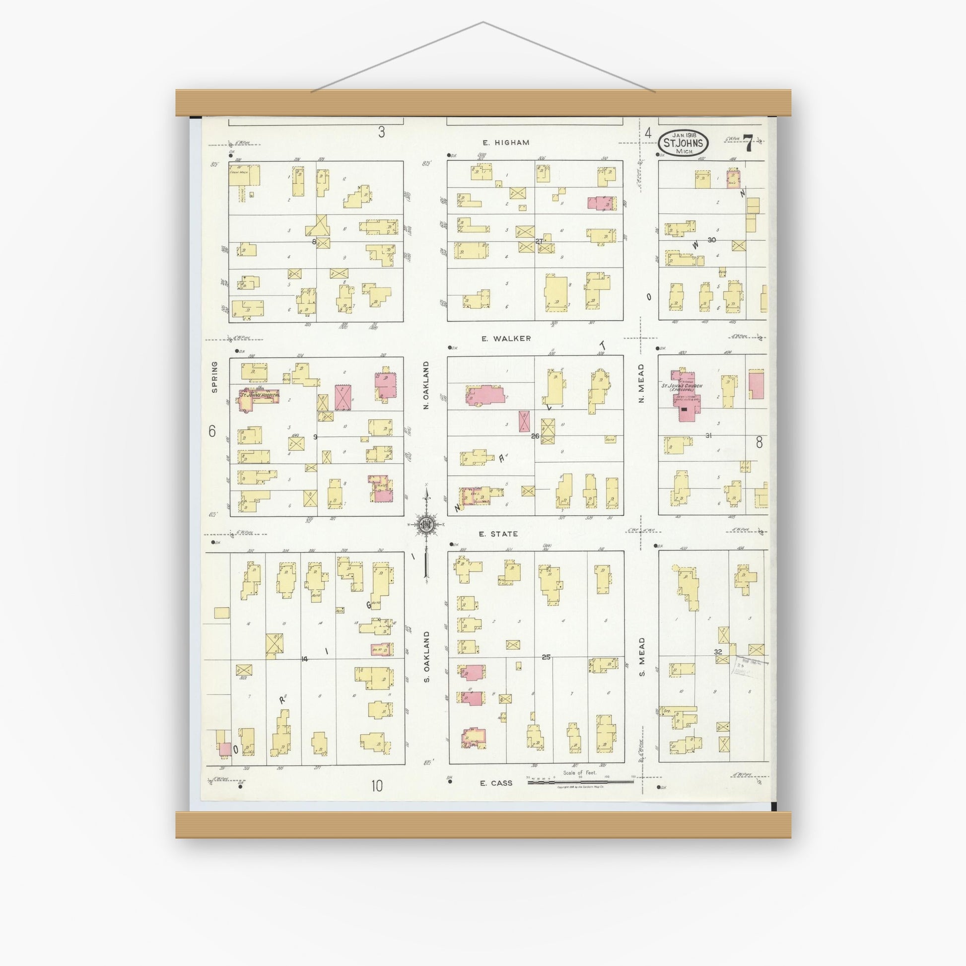 Old map wall art mockup — magnetic wood frame on white wall — Sanborn Fire Insurance Map from Saint Johns, Clinton County, Michigan (1918), Sheet #0007