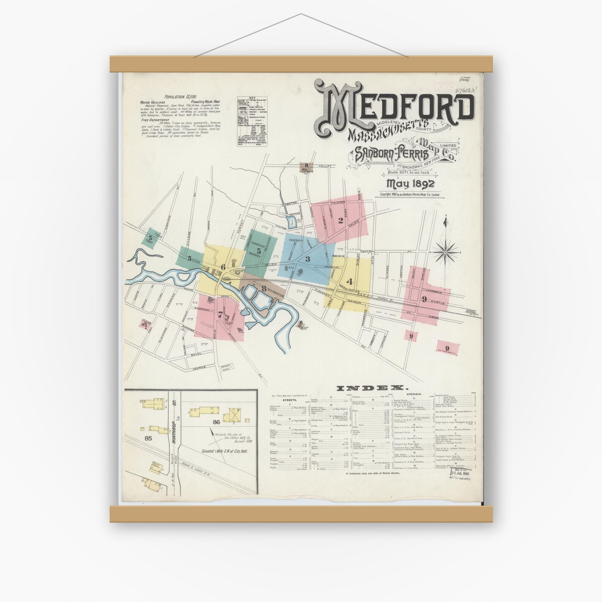 Old map wall art mockup — magnetic wood frame on white wall — Sanborn Fire Insurance Map from Medford, Middlesex County, Massachusetts (1892) - Complete Map Set