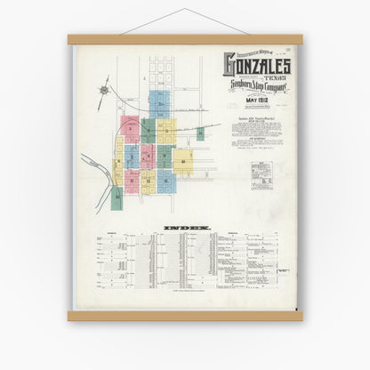 Old map wall art mockup — magnetic wood frame on white wall — Sanborn Fire Insurance Map from Gonzales, Gonzales County, Texas (1912) - Complete Map Set