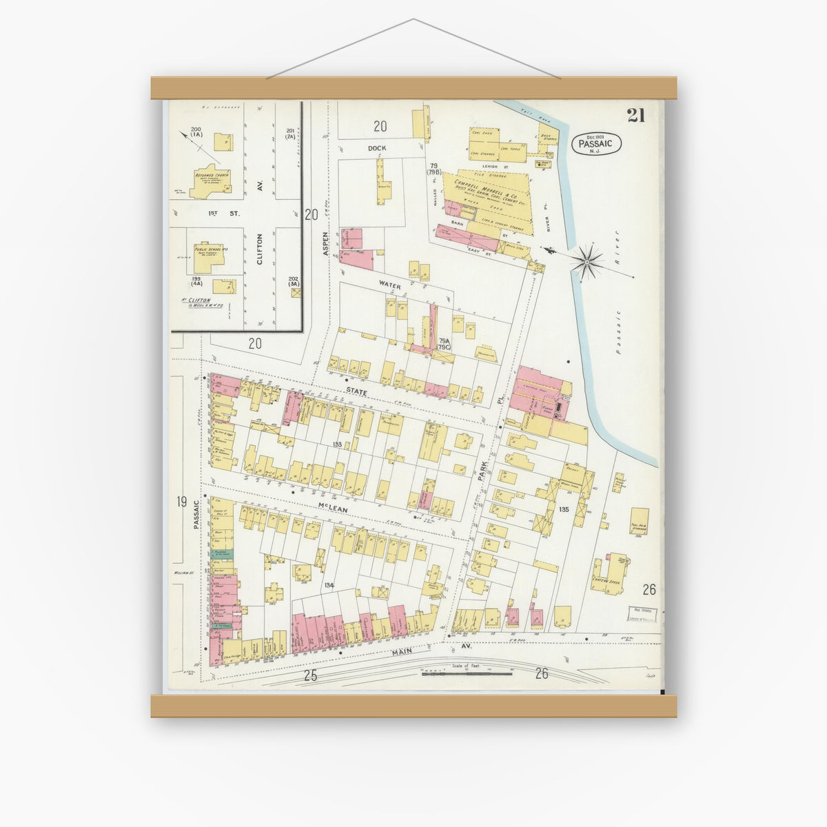 Old map wall art mockup — magnetic wood frame on white wall — Sanborn Fire Insurance Map from Passaic, Passaic County, New Jersey (1903), Sheet #0021