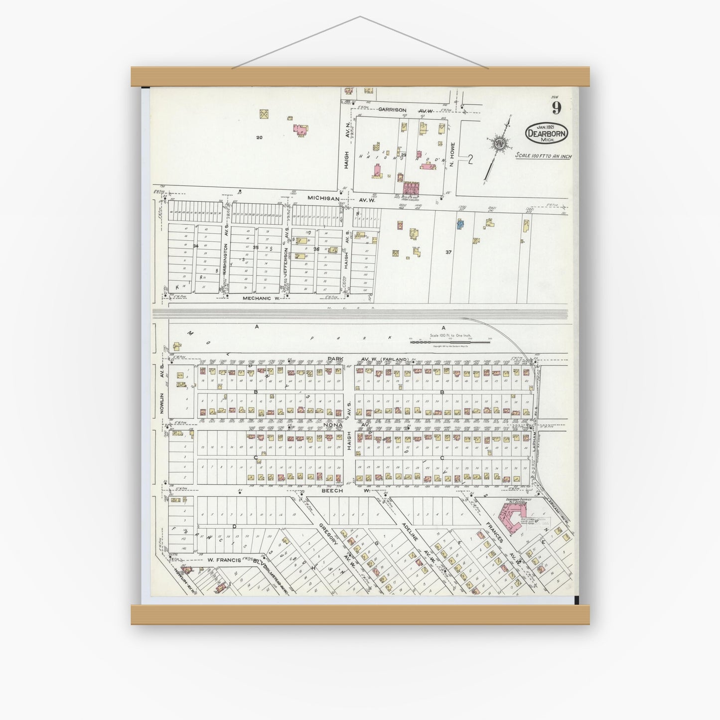 Old map wall art mockup — magnetic wood frame on white wall — Sanborn Fire Insurance Map from Dearborn, Wayne County, Michigan (1921), Sheet #0009