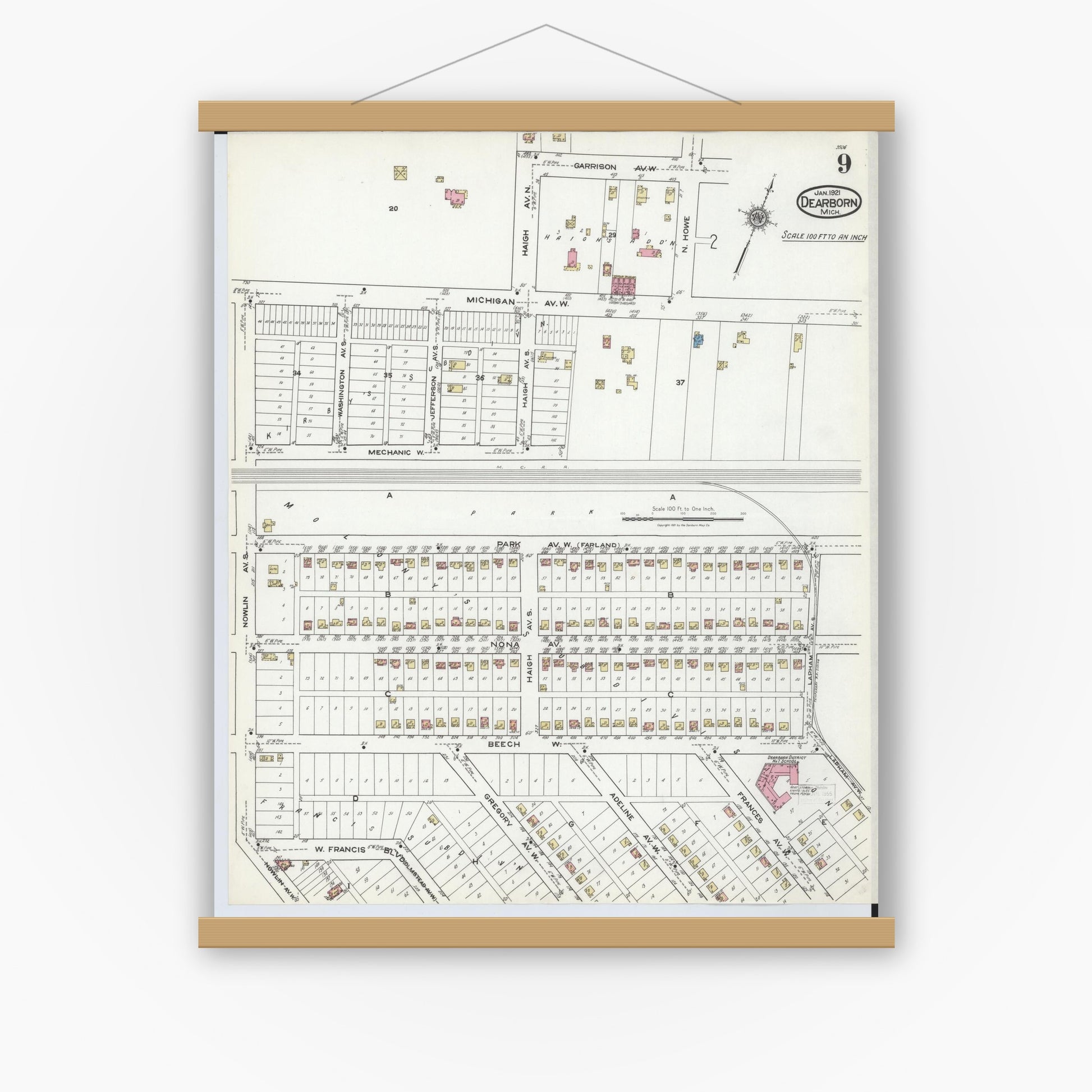 Old map wall art mockup — magnetic wood frame on white wall — Sanborn Fire Insurance Map from Dearborn, Wayne County, Michigan (1921), Sheet #0009