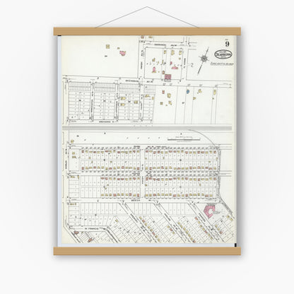 Old map wall art mockup — magnetic wood frame on white wall — Sanborn Fire Insurance Map from Dearborn, Wayne County, Michigan (1921), Sheet #0009