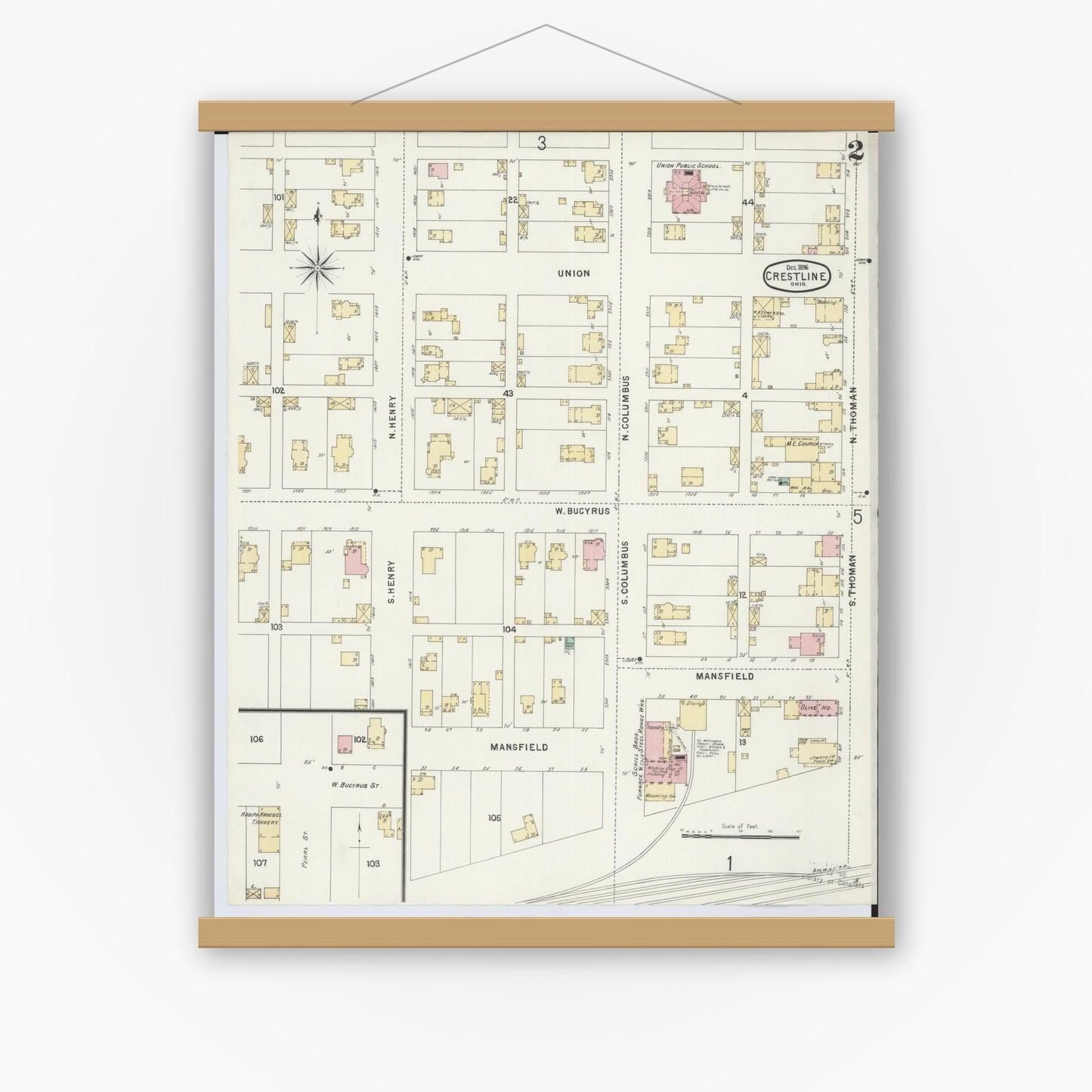 Old map wall art mockup — magnetic wood frame on white wall — Sanborn Fire Insurance Map from Crestline, Crawford County, Ohio (1896), Sheet #0002