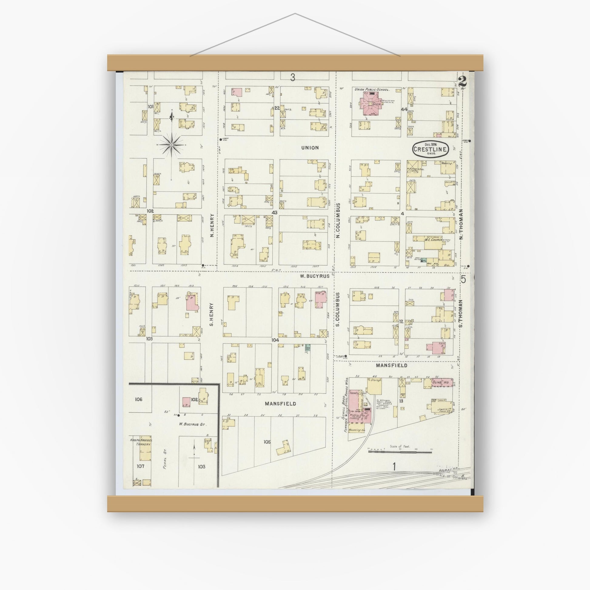 Old map wall art mockup — magnetic wood frame on white wall — Sanborn Fire Insurance Map from Crestline, Crawford County, Ohio (1896), Sheet #0002