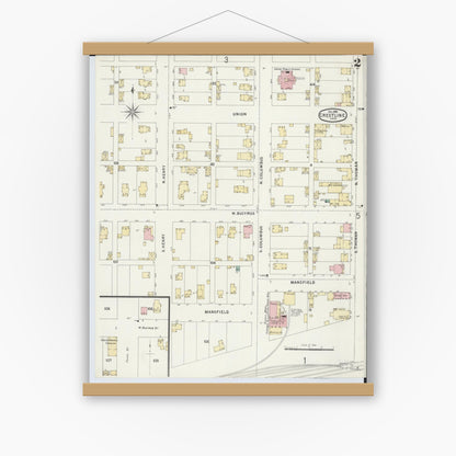 Old map wall art mockup — magnetic wood frame on white wall — Sanborn Fire Insurance Map from Crestline, Crawford County, Ohio (1896), Sheet #0002
