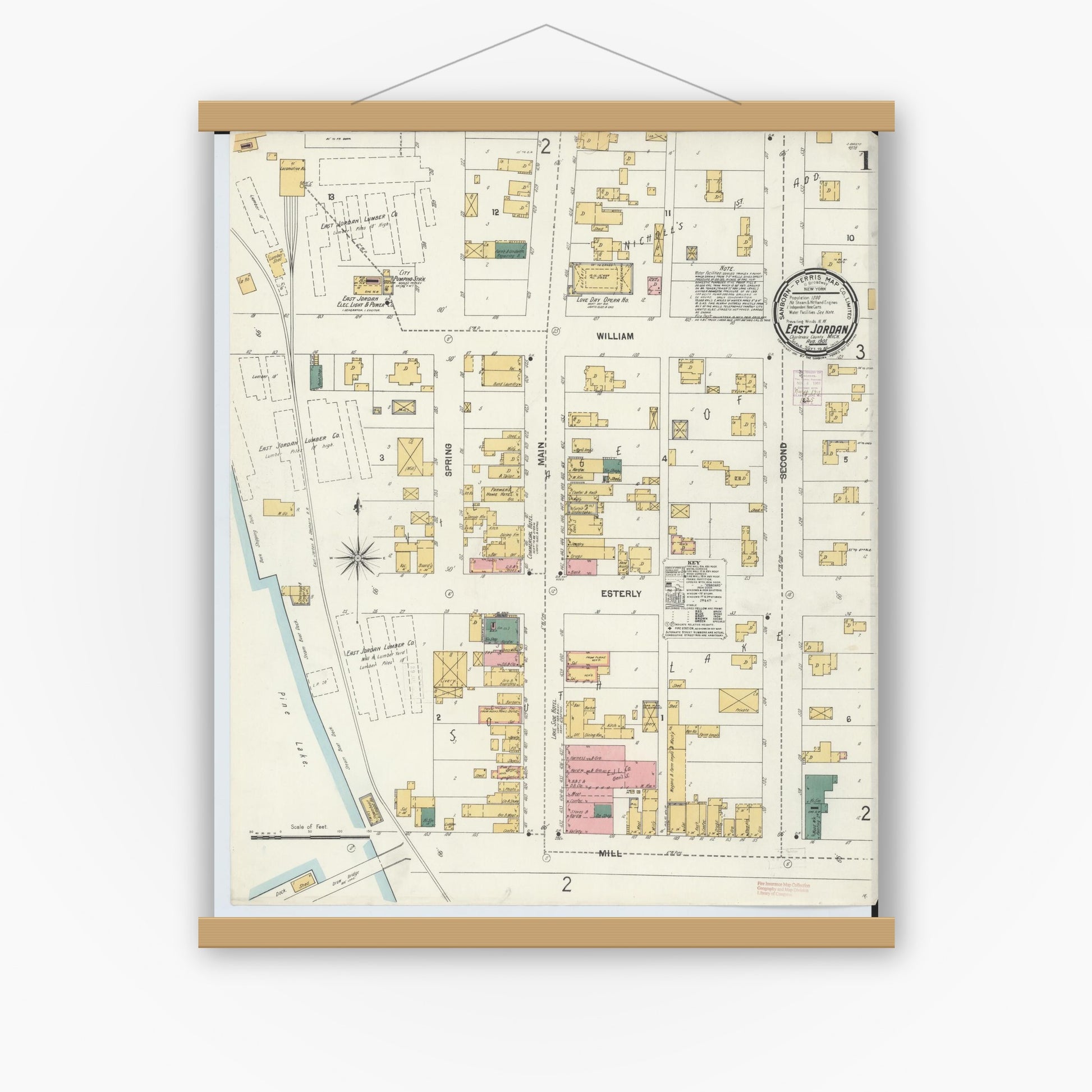 Old map wall art mockup — magnetic wood frame on white wall — Sanborn Fire Insurance Map from East Jordan, Charlevoix County, Michigan (1901) - Complete Map Set
