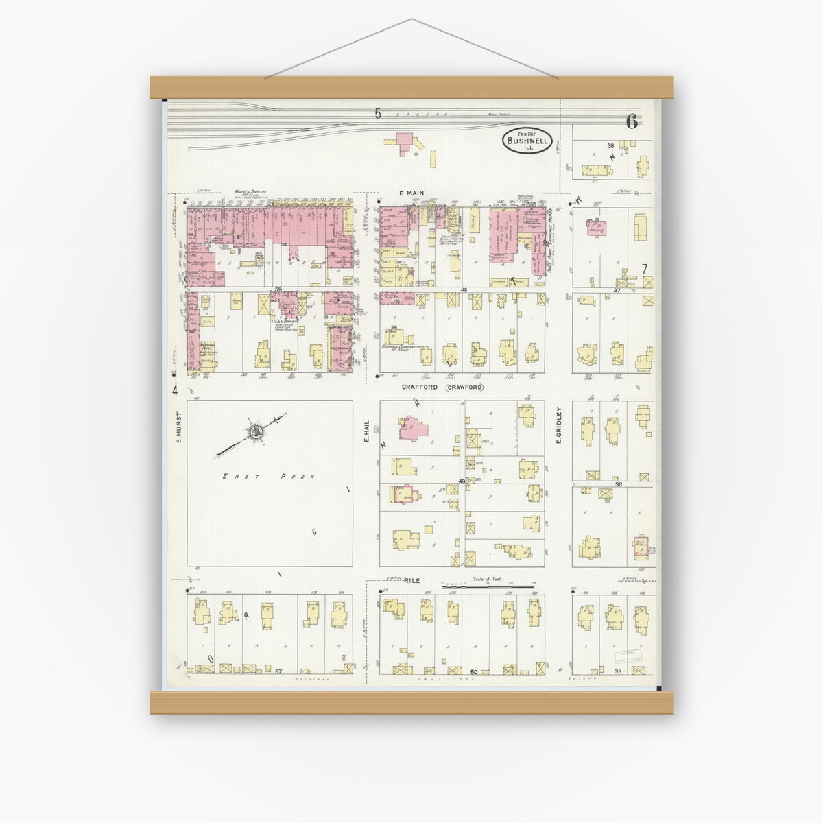 Old map wall art mockup — magnetic wood frame on white wall — Sanborn Fire Insurance Map from Bushnell, Mcdonough County, Illinois (1912), Sheet #0006