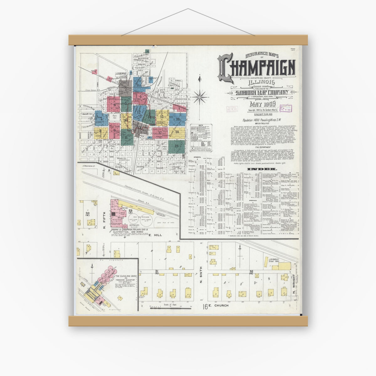 Old map wall art mockup — magnetic wood frame on white wall — Sanborn Fire Insurance Map from Champaign, Champaign County, Illinois (1909), Sheet #0001