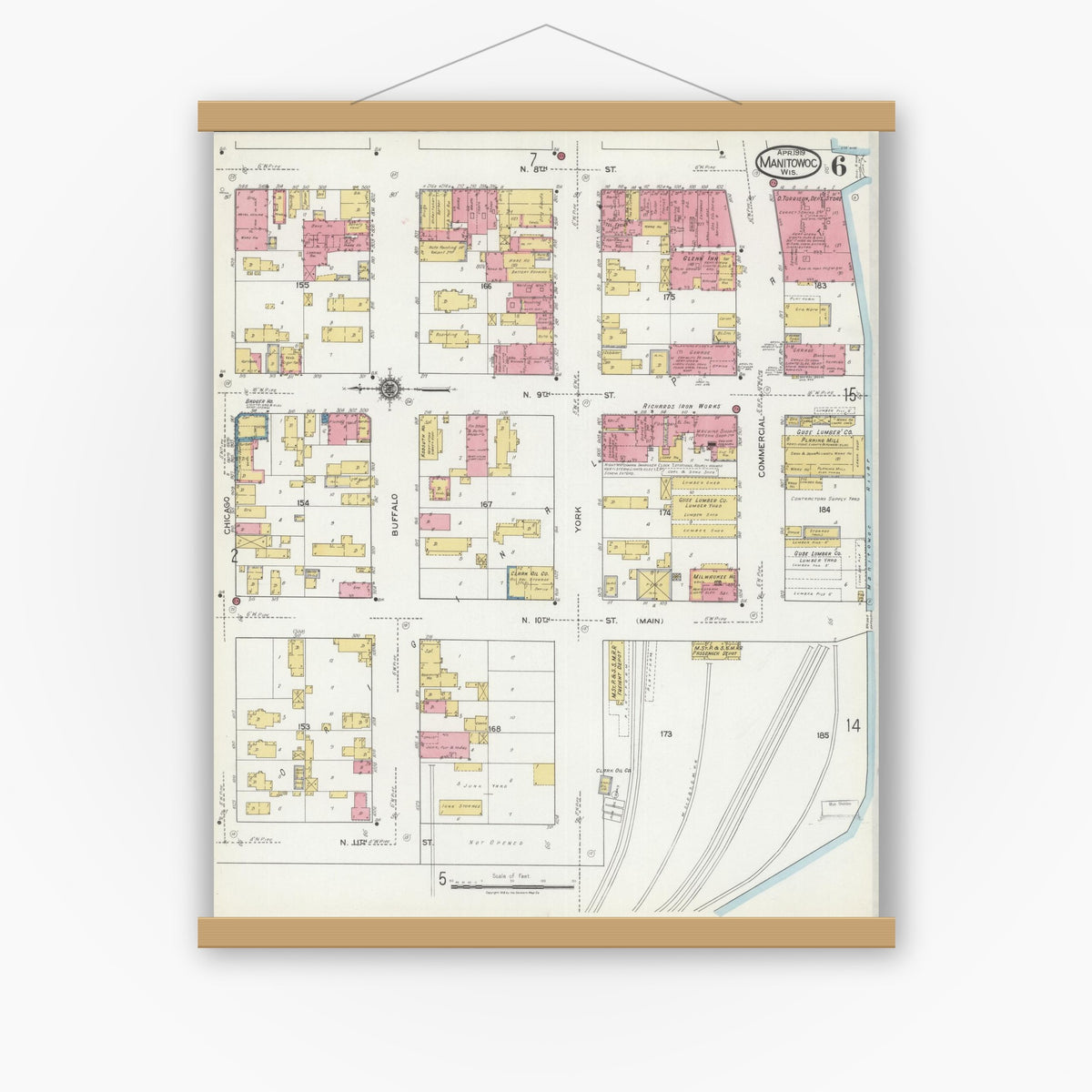Old map wall art mockup — magnetic wood frame on white wall — Sanborn Fire Insurance Map from Manitowoc, Manitowoc County, Wisconsin (1919), Sheet #0006