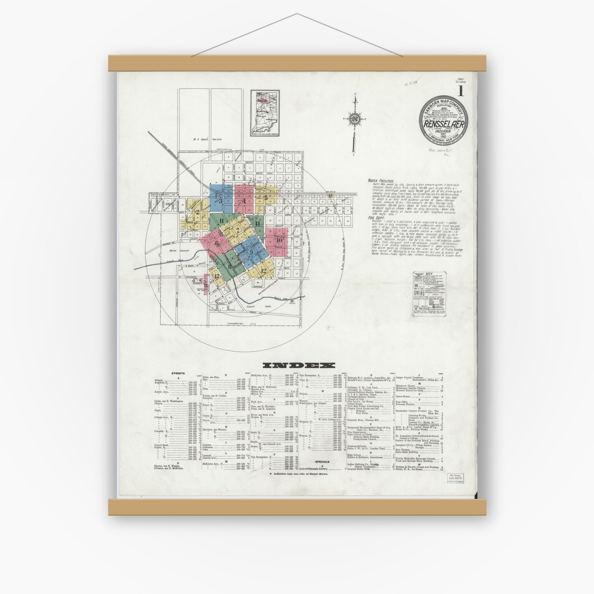 Old map wall art mockup — magnetic wood frame on white wall — Sanborn Fire Insurance Map from Rensselaer, Jasper County, Indiana (1921), Sheet #0001