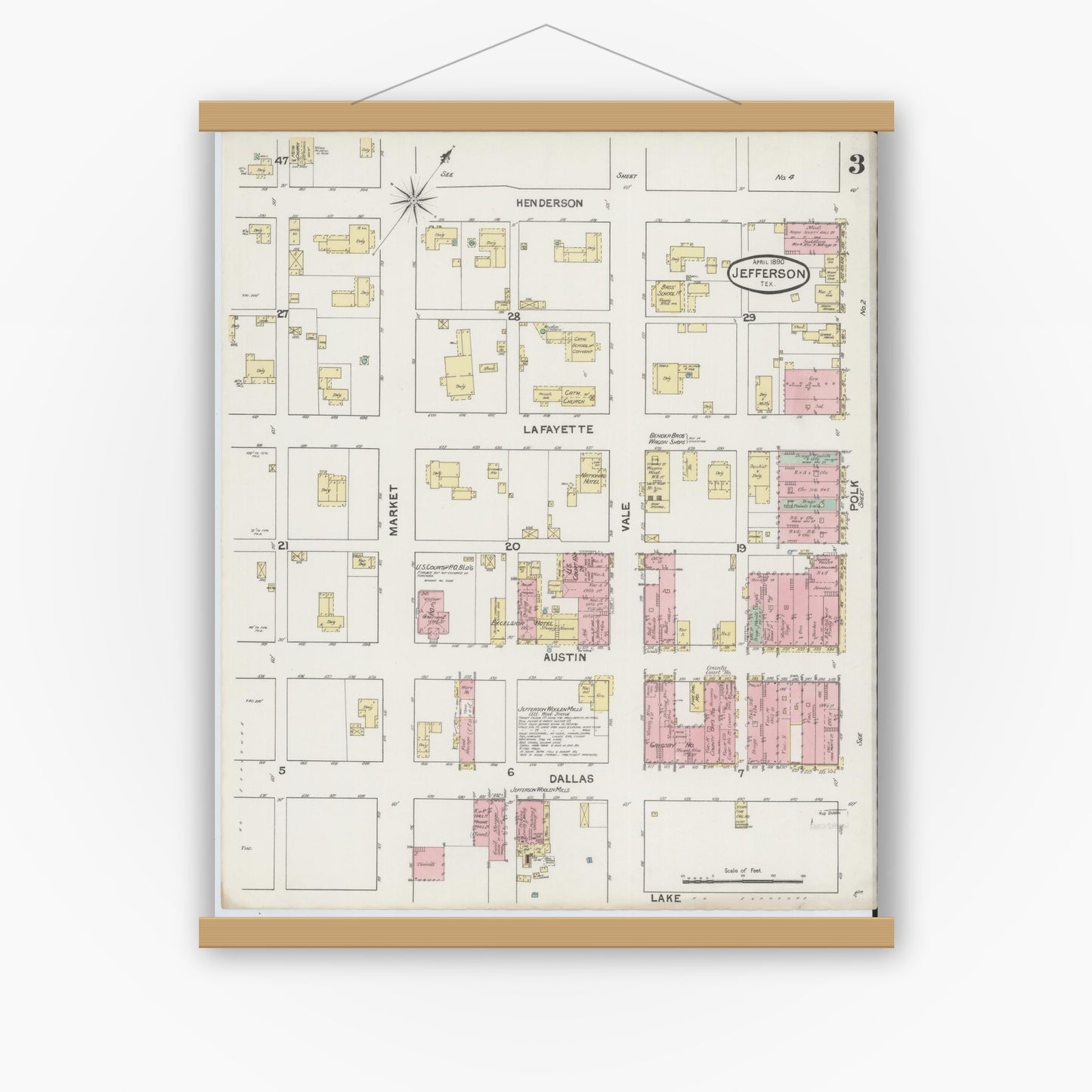 Old map wall art mockup — magnetic wood frame on white wall — Sanborn Fire Insurance Map from Jefferson, Marion County, Texas (1890), Sheet #0003