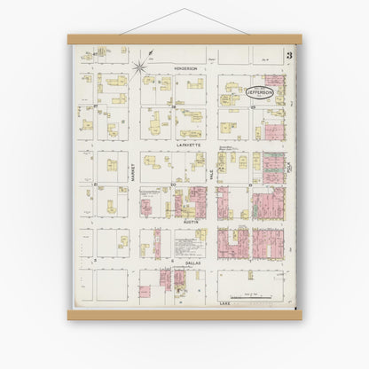Old map wall art mockup — magnetic wood frame on white wall — Sanborn Fire Insurance Map from Jefferson, Marion County, Texas (1890), Sheet #0003