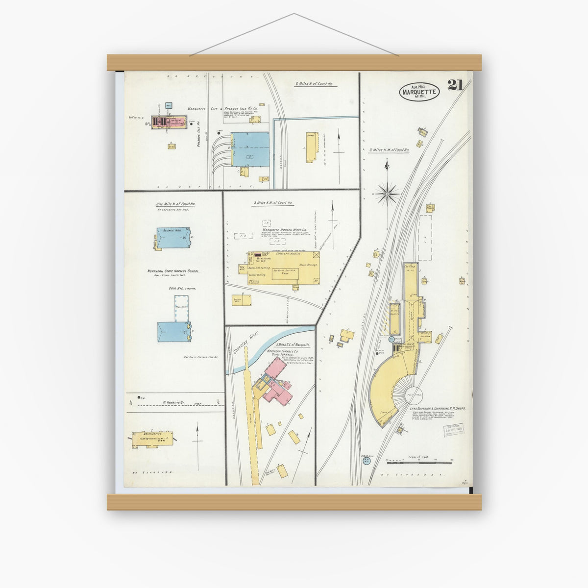 Old map wall art mockup — magnetic wood frame on white wall — Sanborn Fire Insurance Map from Marquette, Marquette County, Michigan (1904), Sheet #0021