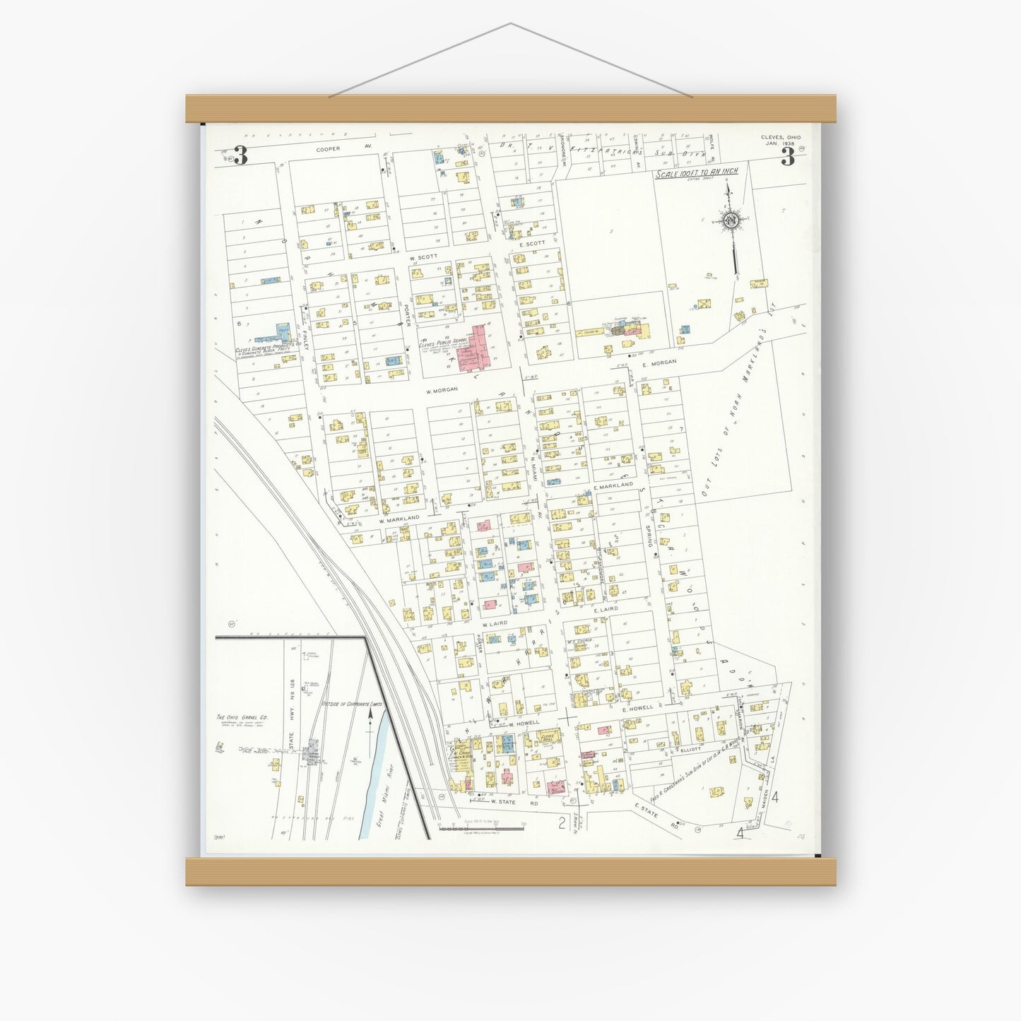 Old map wall art mockup — magnetic wood frame on white wall — Sanborn Fire Insurance Map from Cleves, Hamilton County, Ohio (1938), Sheet #0003