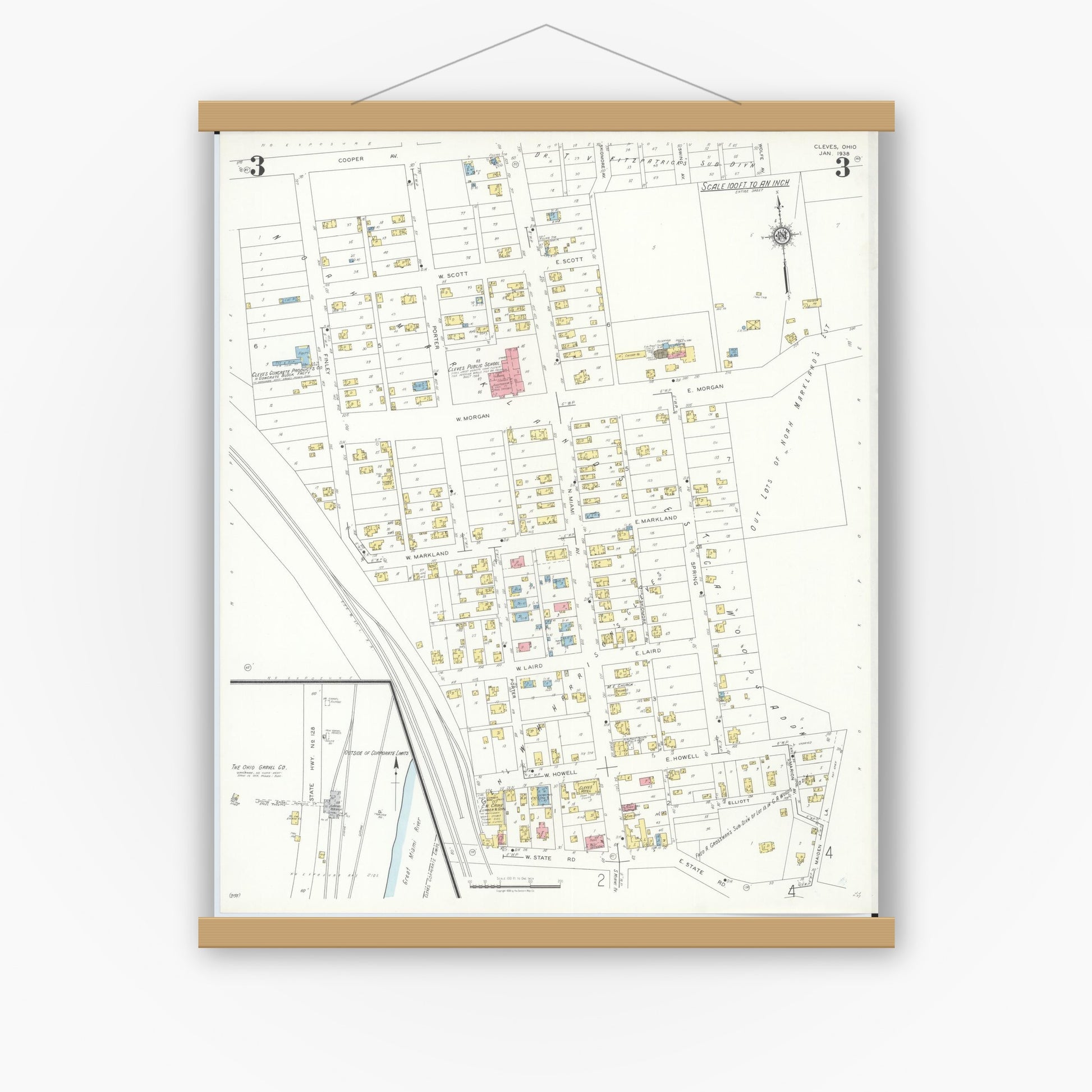 Old map wall art mockup — magnetic wood frame on white wall — Sanborn Fire Insurance Map from Cleves, Hamilton County, Ohio (1938), Sheet #0003