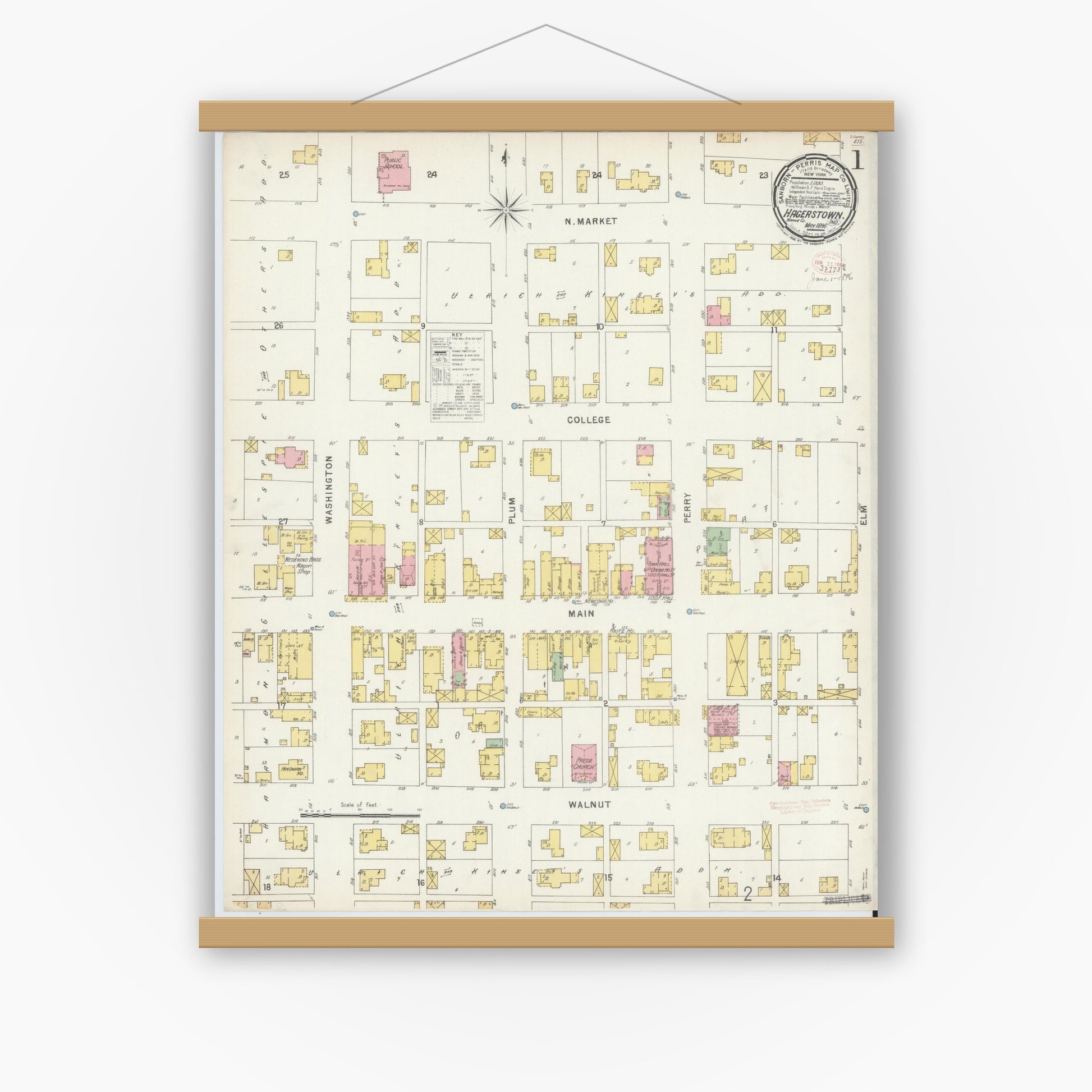 Old map wall art mockup — magnetic wood frame on white wall — Sanborn Fire Insurance Map from Hagerstown, Wayne County, Indiana (1896) - Complete Map Set