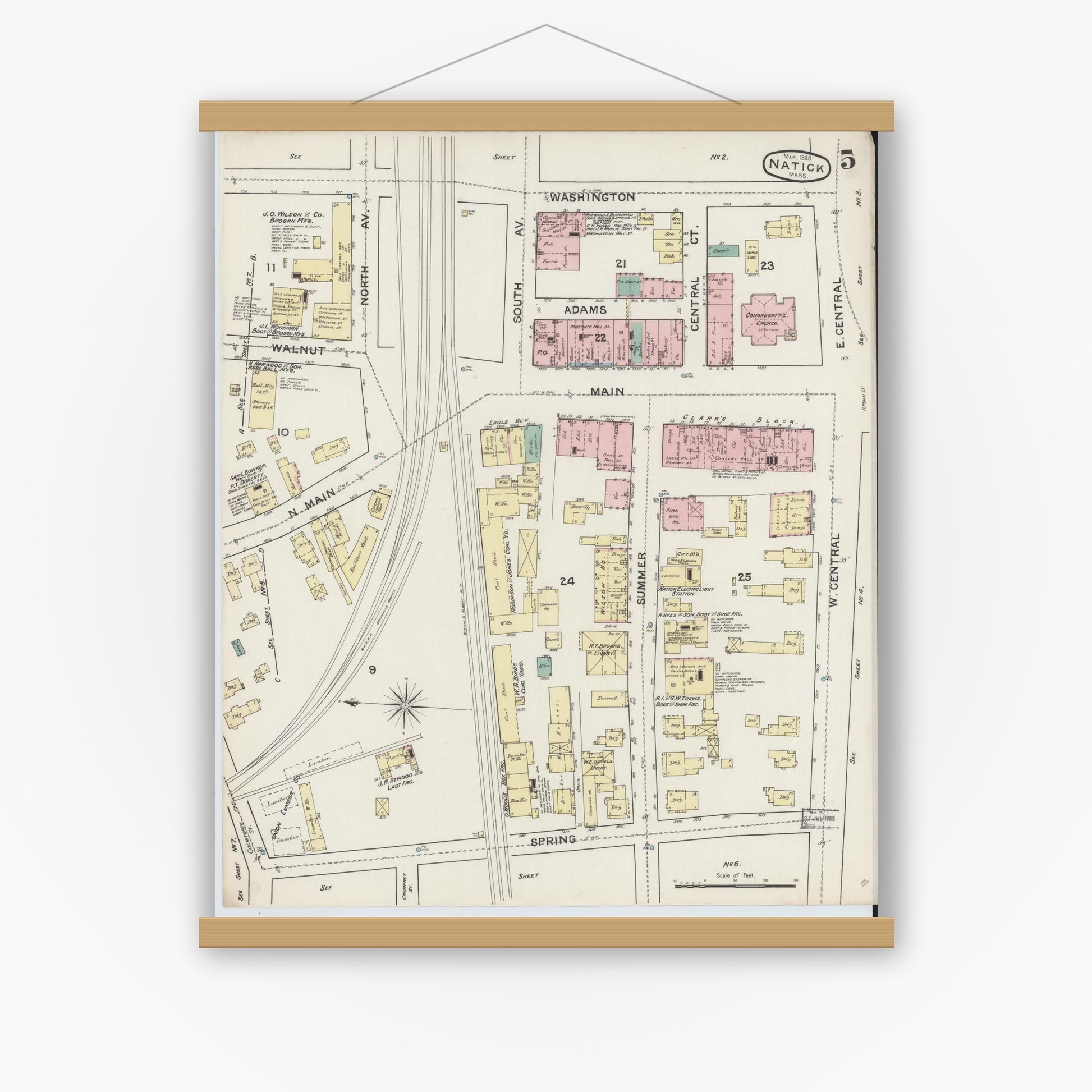 Old map wall art mockup — magnetic wood frame on white wall — Sanborn Fire Insurance Map from Natick, Middlesex County, Massachusetts (1888), Sheet #0005