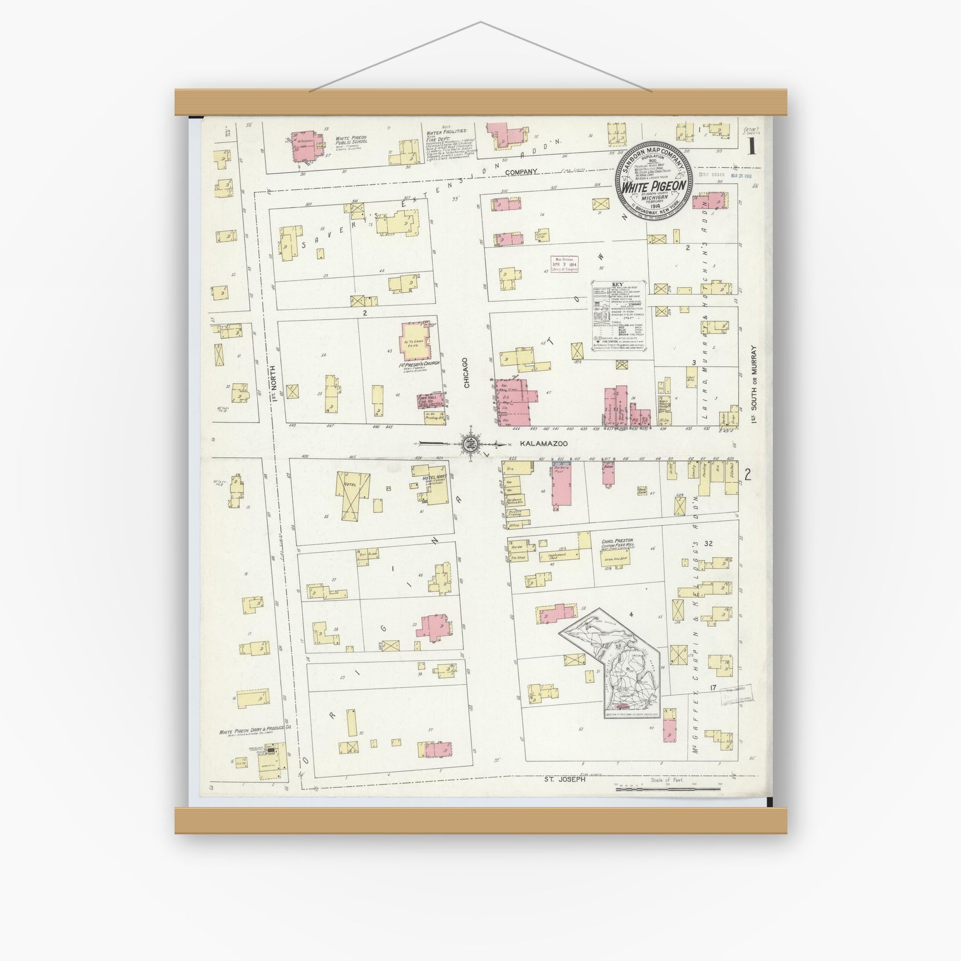 Old map wall art mockup — magnetic wood frame on white wall — Sanborn Fire Insurance Map from White Pigeon, Saint Joseph County, Michigan (1914), Sheet #0001