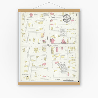 Old map wall art mockup — magnetic wood frame on white wall — Sanborn Fire Insurance Map from White Pigeon, Saint Joseph County, Michigan (1914), Sheet #0001