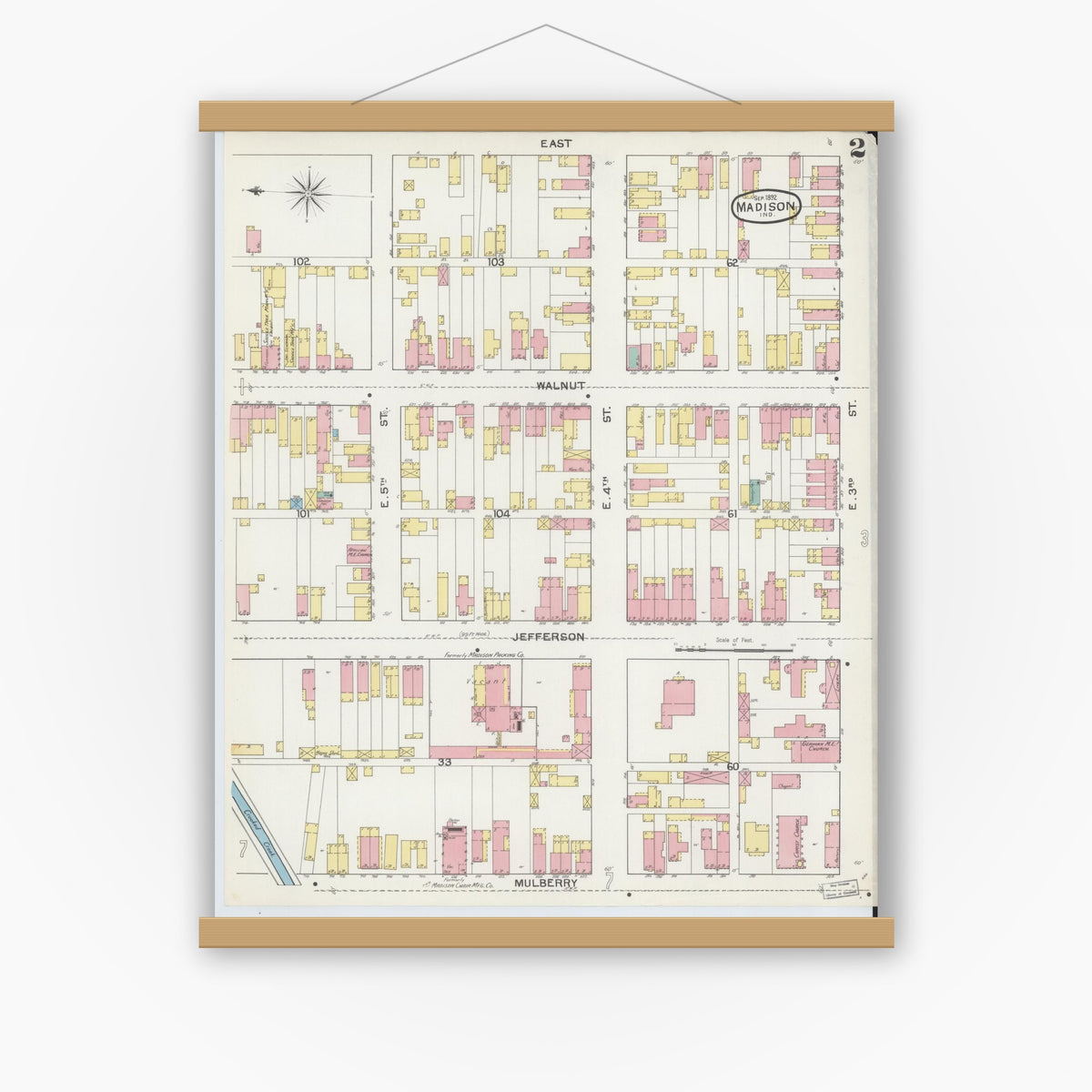 Old map wall art mockup — magnetic wood frame on white wall — Sanborn Fire Insurance Map from Madison, Jefferson County, Indiana (1892), Sheet #0002