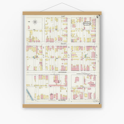 Old map wall art mockup — magnetic wood frame on white wall — Sanborn Fire Insurance Map from Madison, Jefferson County, Indiana (1892), Sheet #0002