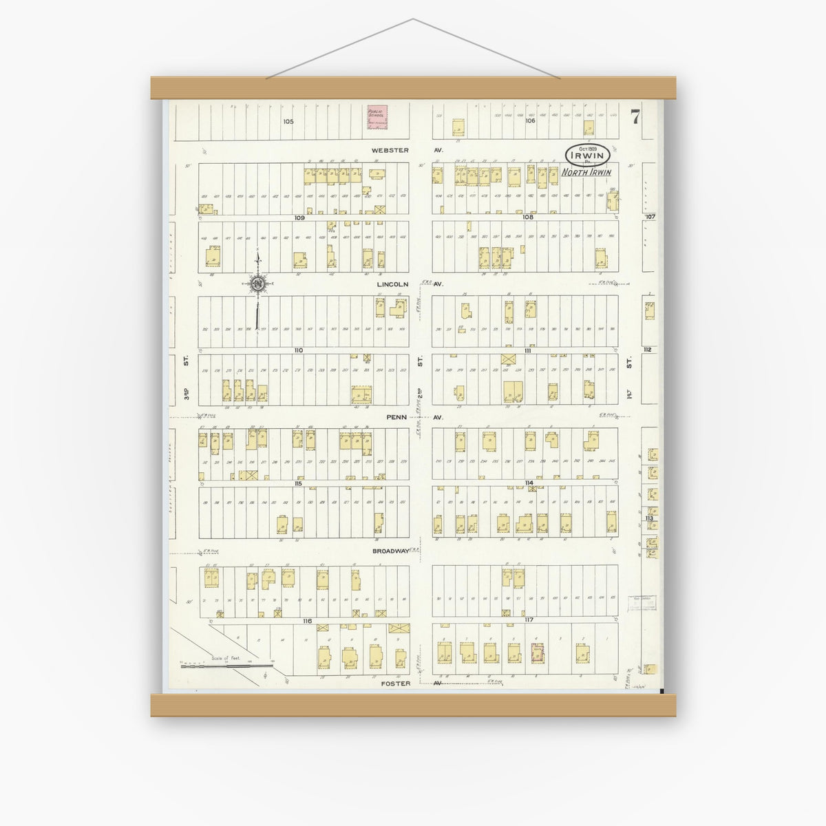 Old map wall art mockup — magnetic wood frame on white wall — Sanborn Fire Insurance Map from Irwin, Westmoreland County, Pennsylvania (1909), Sheet #0007