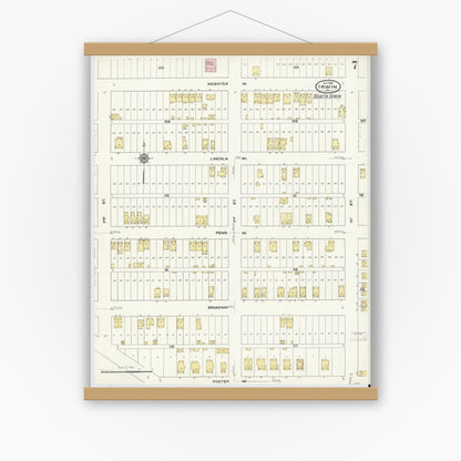 Old map wall art mockup — magnetic wood frame on white wall — Sanborn Fire Insurance Map from Irwin, Westmoreland County, Pennsylvania (1909), Sheet #0007