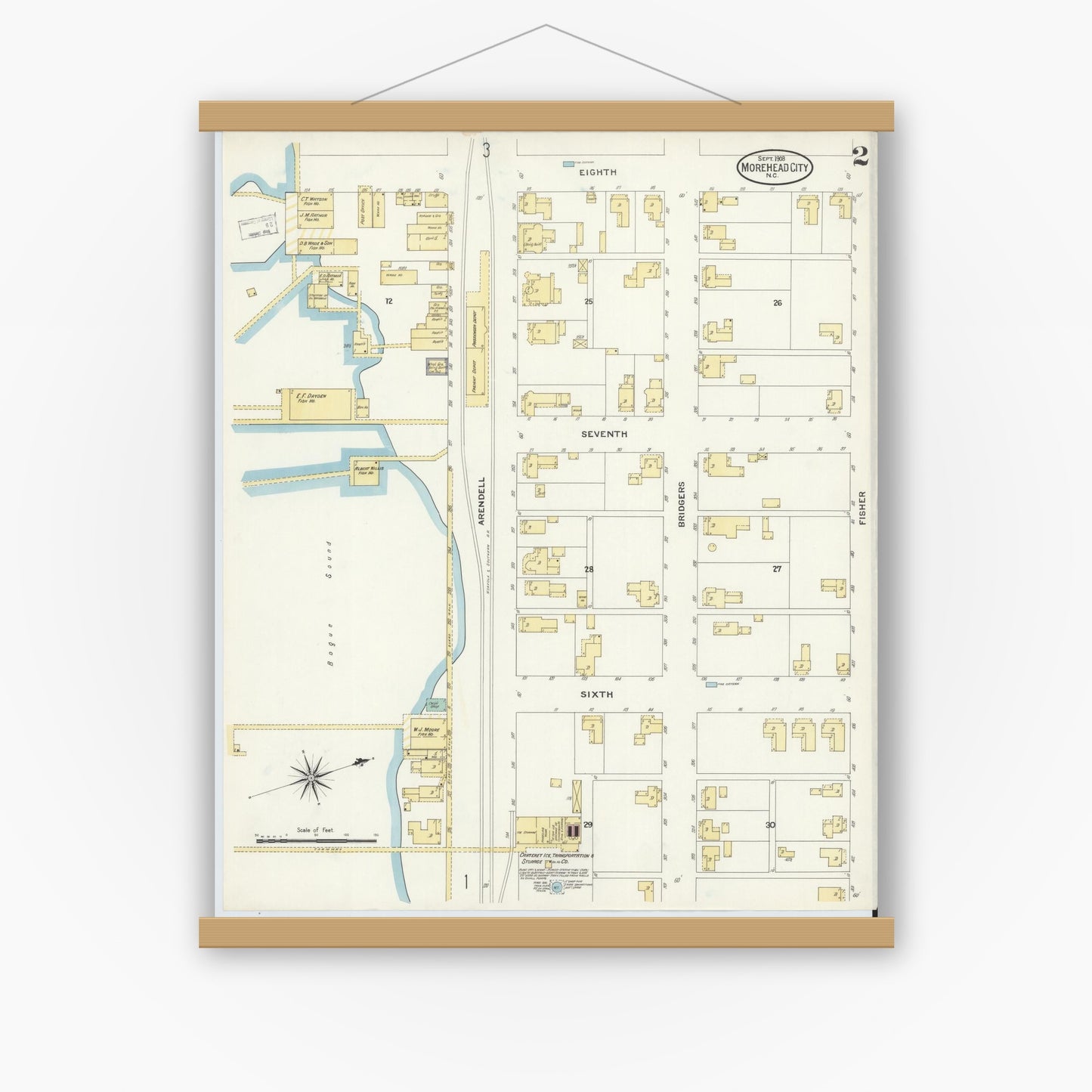 Old map wall art mockup — magnetic wood frame on white wall — Sanborn Fire Insurance Map from Morehead City, Carteret County, North Carolina (1908), Sheet #0002