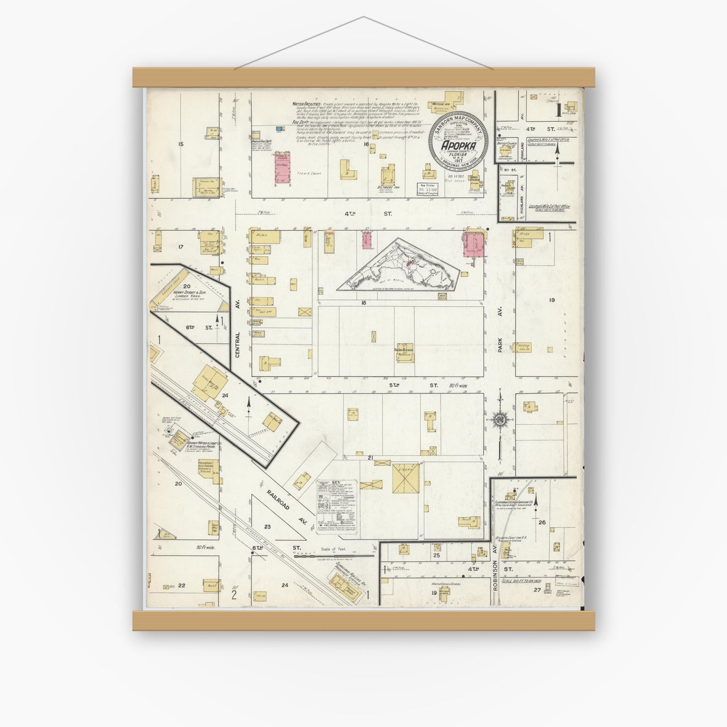 Old map wall art mockup — magnetic wood frame on white wall — Sanborn Fire Insurance Map from Apopka, Orange County, Florida (1917), Sheet #0001