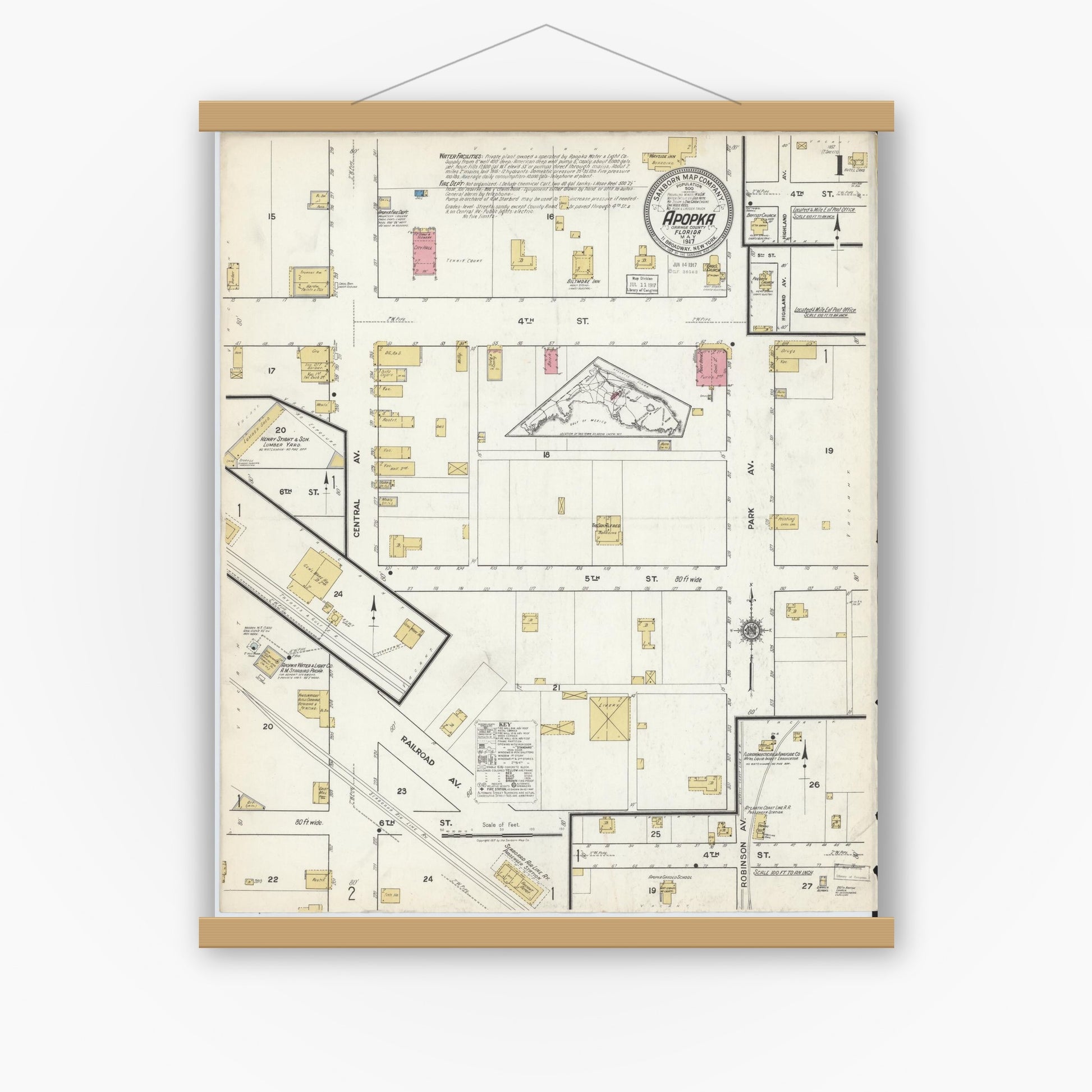 Old map wall art mockup — magnetic wood frame on white wall — Sanborn Fire Insurance Map from Apopka, Orange County, Florida (1917), Sheet #0001