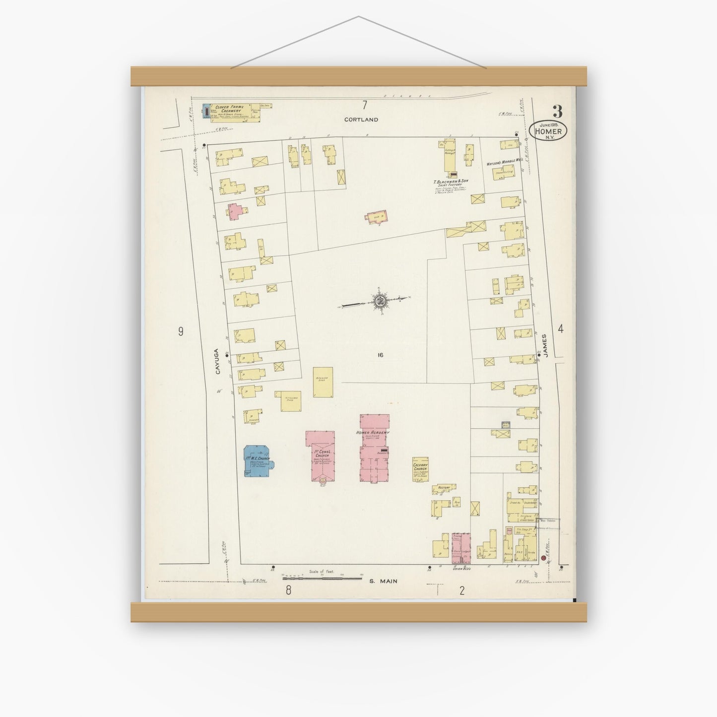 Old map wall art mockup — magnetic wood frame on white wall — Sanborn Fire Insurance Map from Homer, Cortland County, New York (1915), Sheet #0003