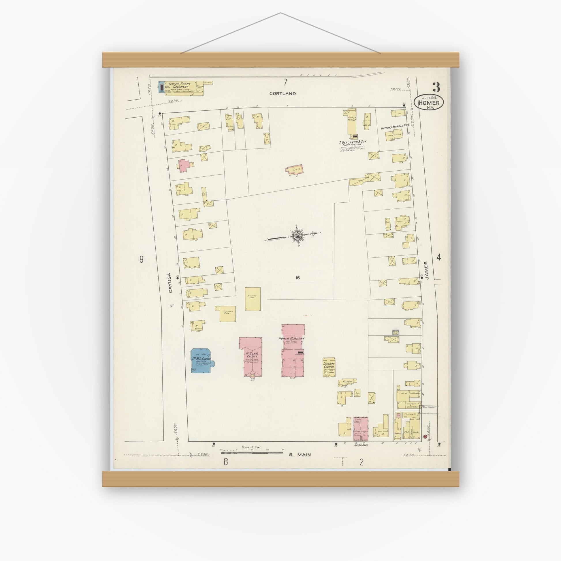 Old map wall art mockup — magnetic wood frame on white wall — Sanborn Fire Insurance Map from Homer, Cortland County, New York (1915), Sheet #0003