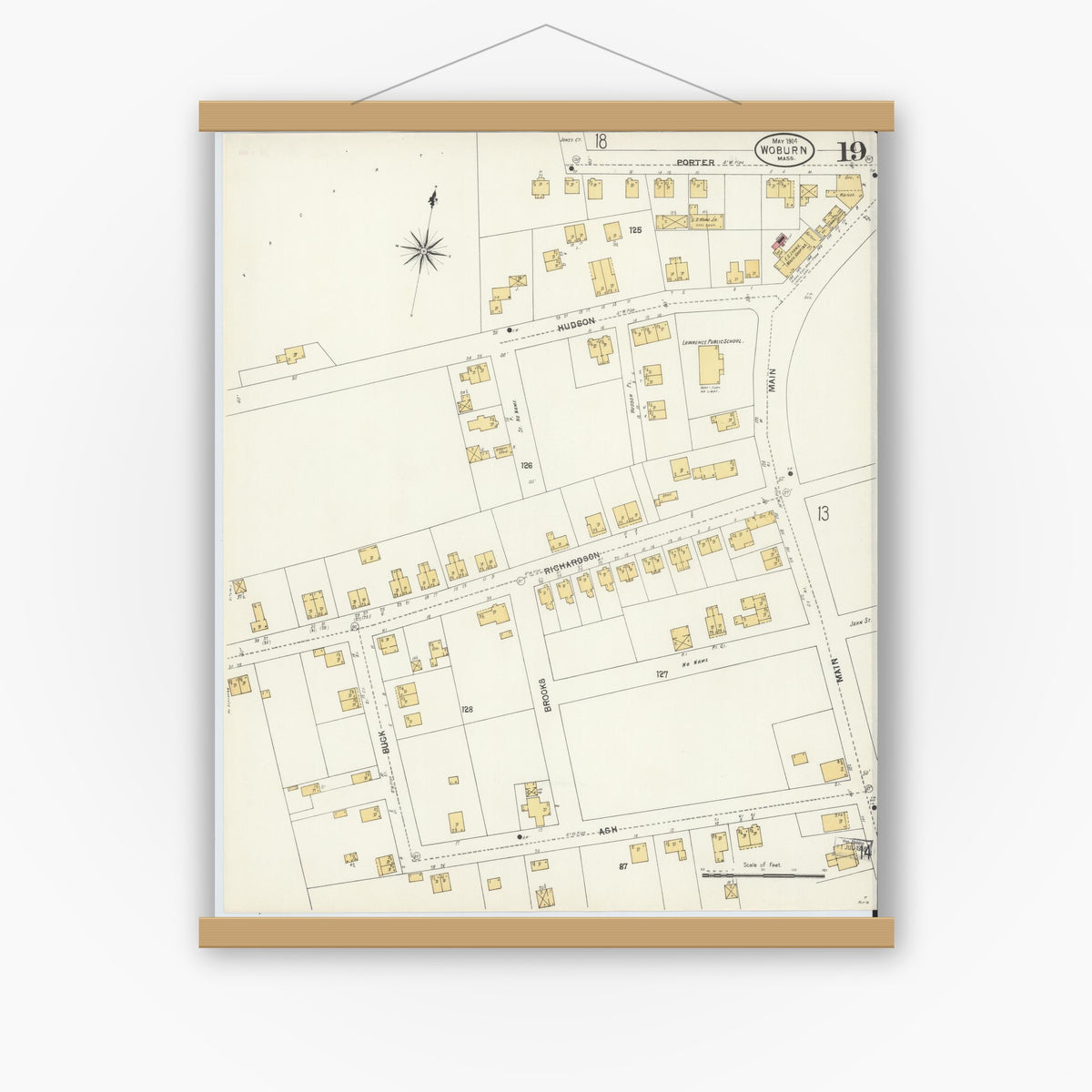 Old map wall art mockup — magnetic wood frame on white wall — Sanborn Fire Insurance Map from Woburn, Middlesex County, Massachusetts (1904), Sheet #0019